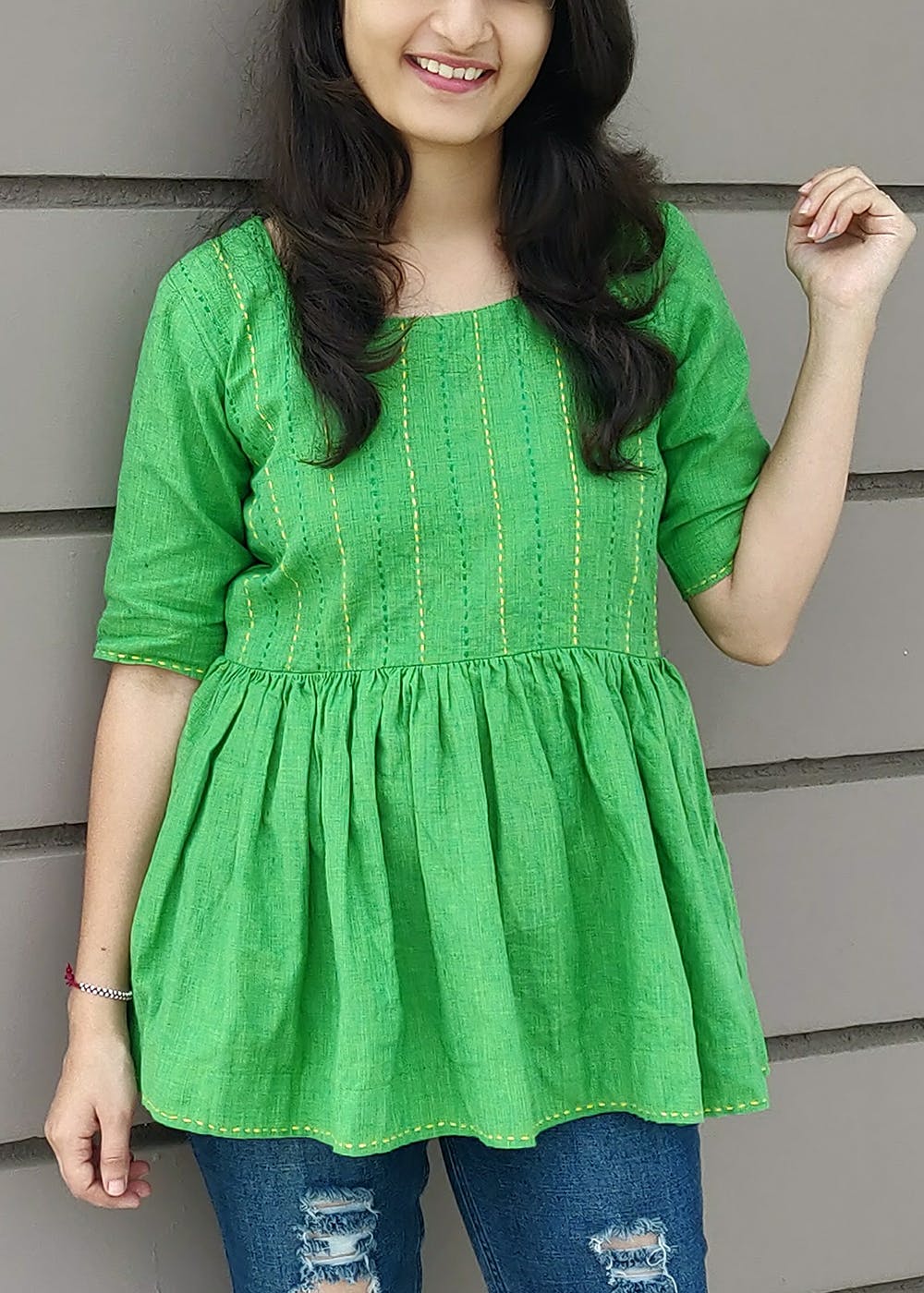 Green Embroidered Peplum Top 