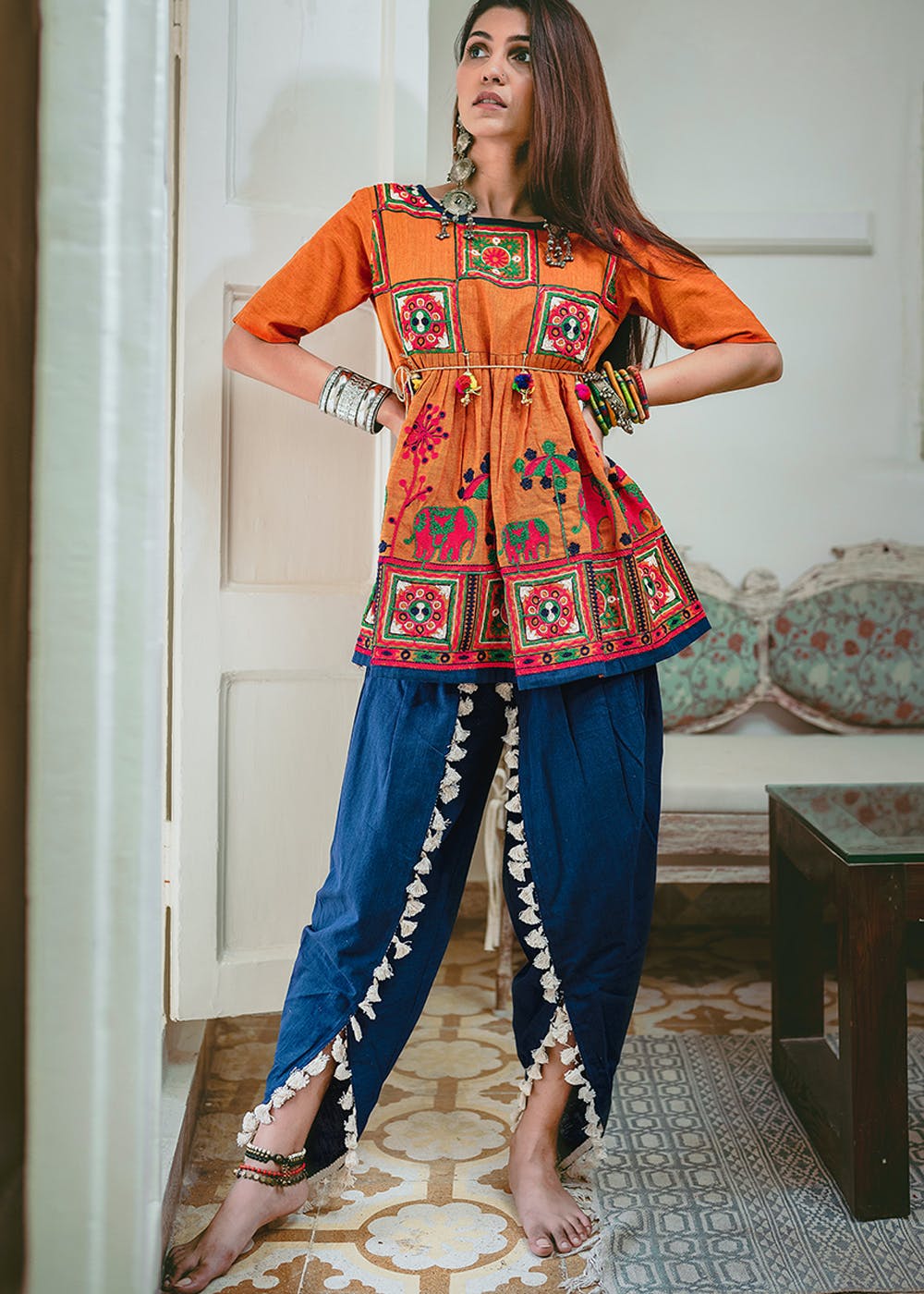 Chandheri flared kurti with overlapping gathered sleeves and tulip pan