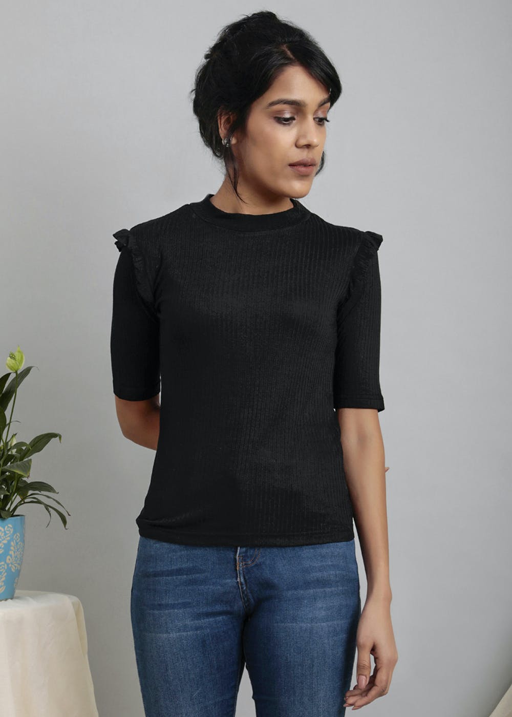 Get Ruffled Shoulder Detail Ribbed High 