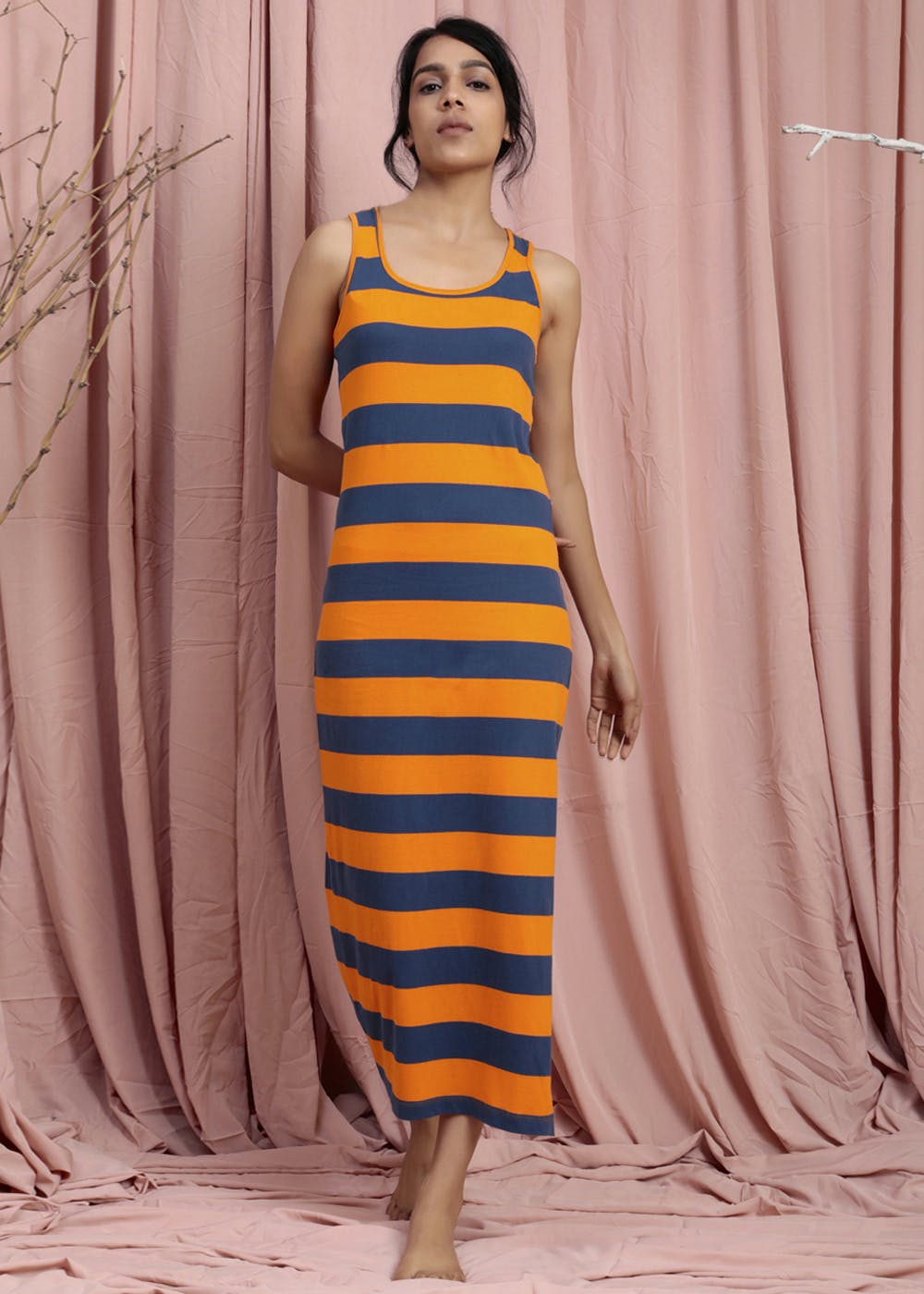 Orange Navy Stripe Long Bodycon Dress