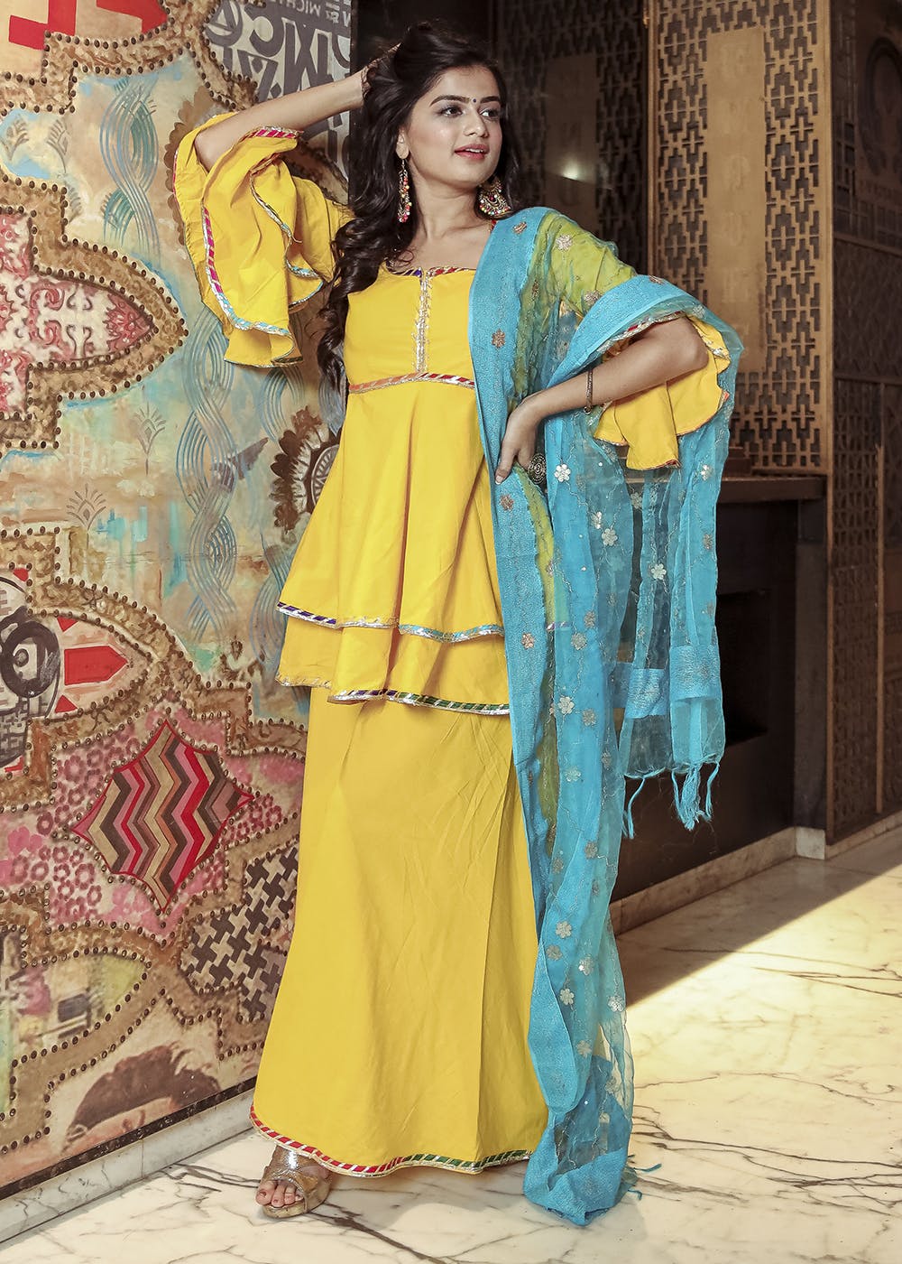 Enticing Yellow Blue Contrast Bagru Print Salwar Suit with Chiffon Dupatta