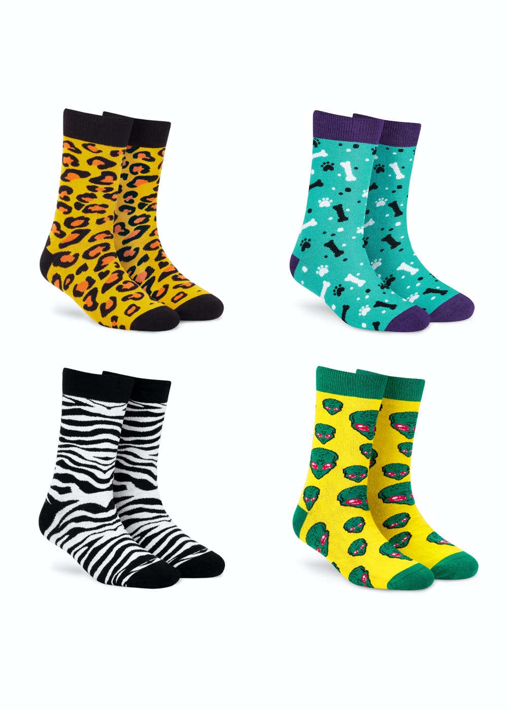 Get Pack of 4 Crew Socks -Leopard + Zebra + Aliens + Paws at ₹ 649 ...