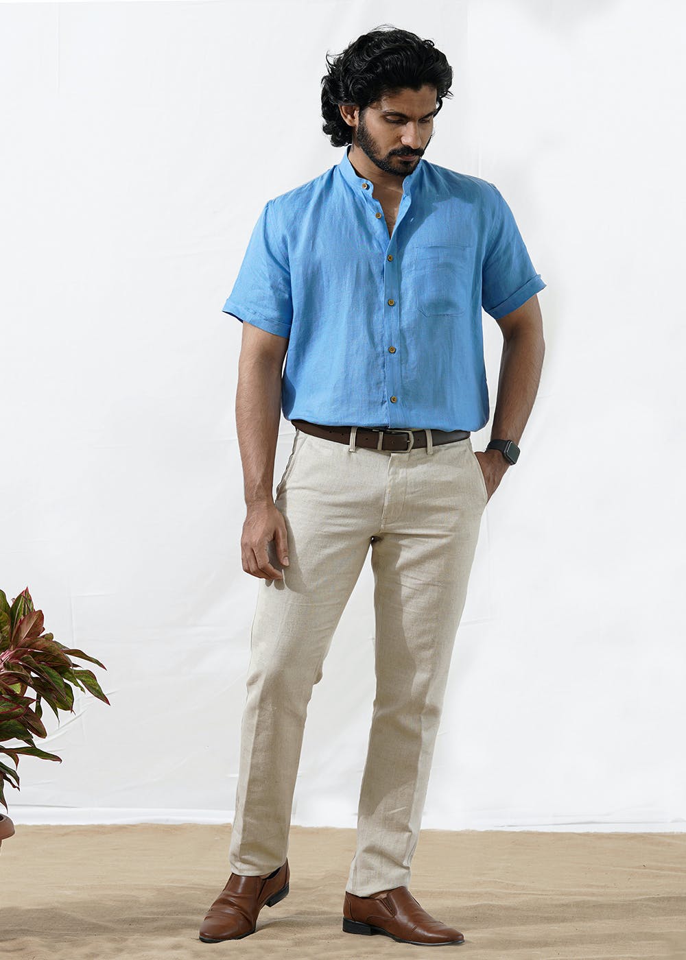 Get Self Design Blue Half Sleeves Linen Shirt At 2750 Lbb Shop