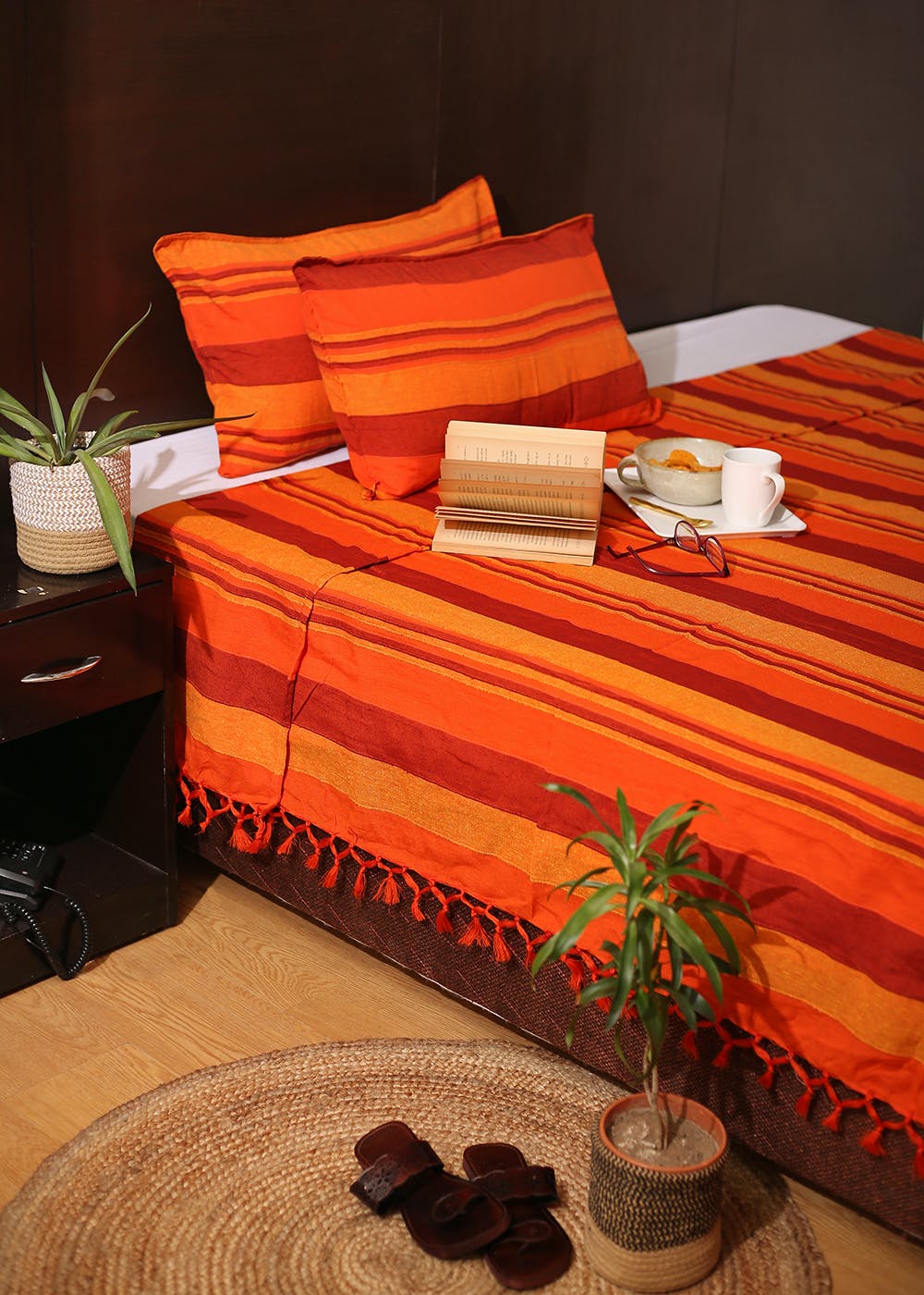 Get Striped Handspun Handloom Cotton Double Bedcover with 2 Pillow