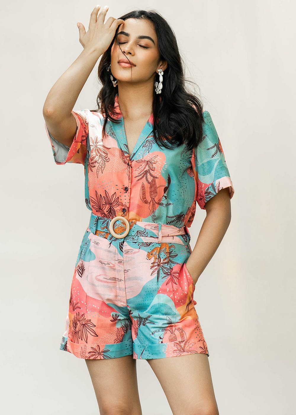 Blue & White Printed Playsuit with One shoulder Side Knot