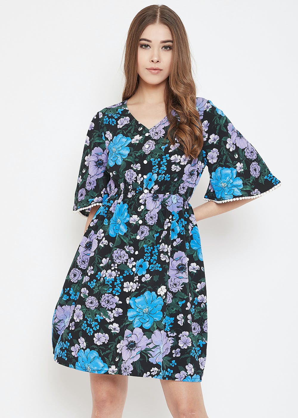 Two-Tone Floral Printed V-Neck Dress