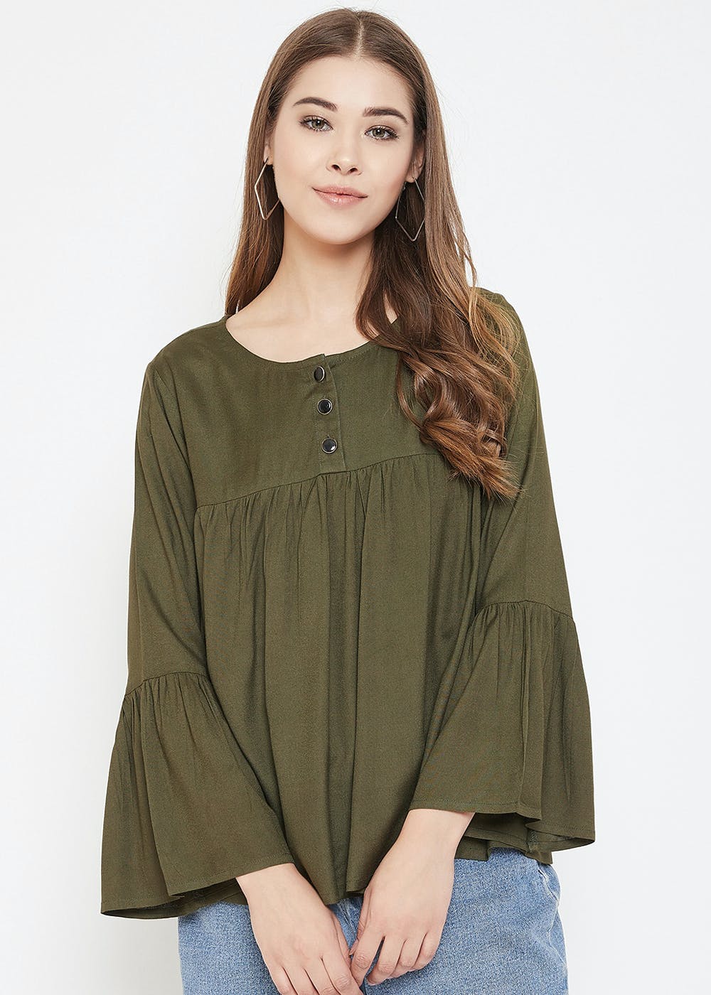 Get Bell Sleeves Detail Front Pleats Solid Top at ₹ 700 | LBB Shop