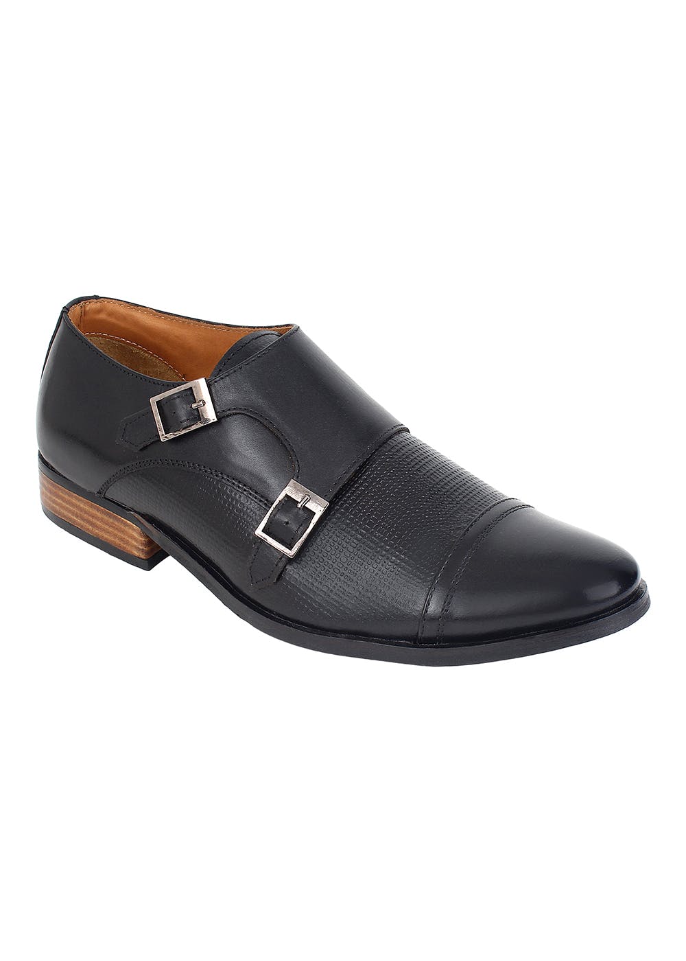 Black FF-Logo Pattern Double Strap Design Buckle Detail Flat Sole Leather Trim