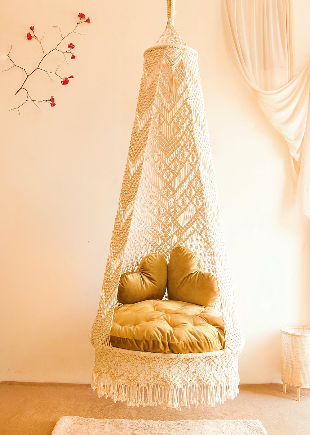 Get Macrame Swing Chair With Heart Cushions And Cushioned Seat at