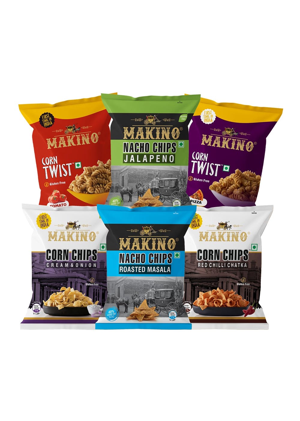 Cornax (2 Nacho Chips, 2 Corn Chips, 2 Corn Twist) - Pack of 6 - 60gms each