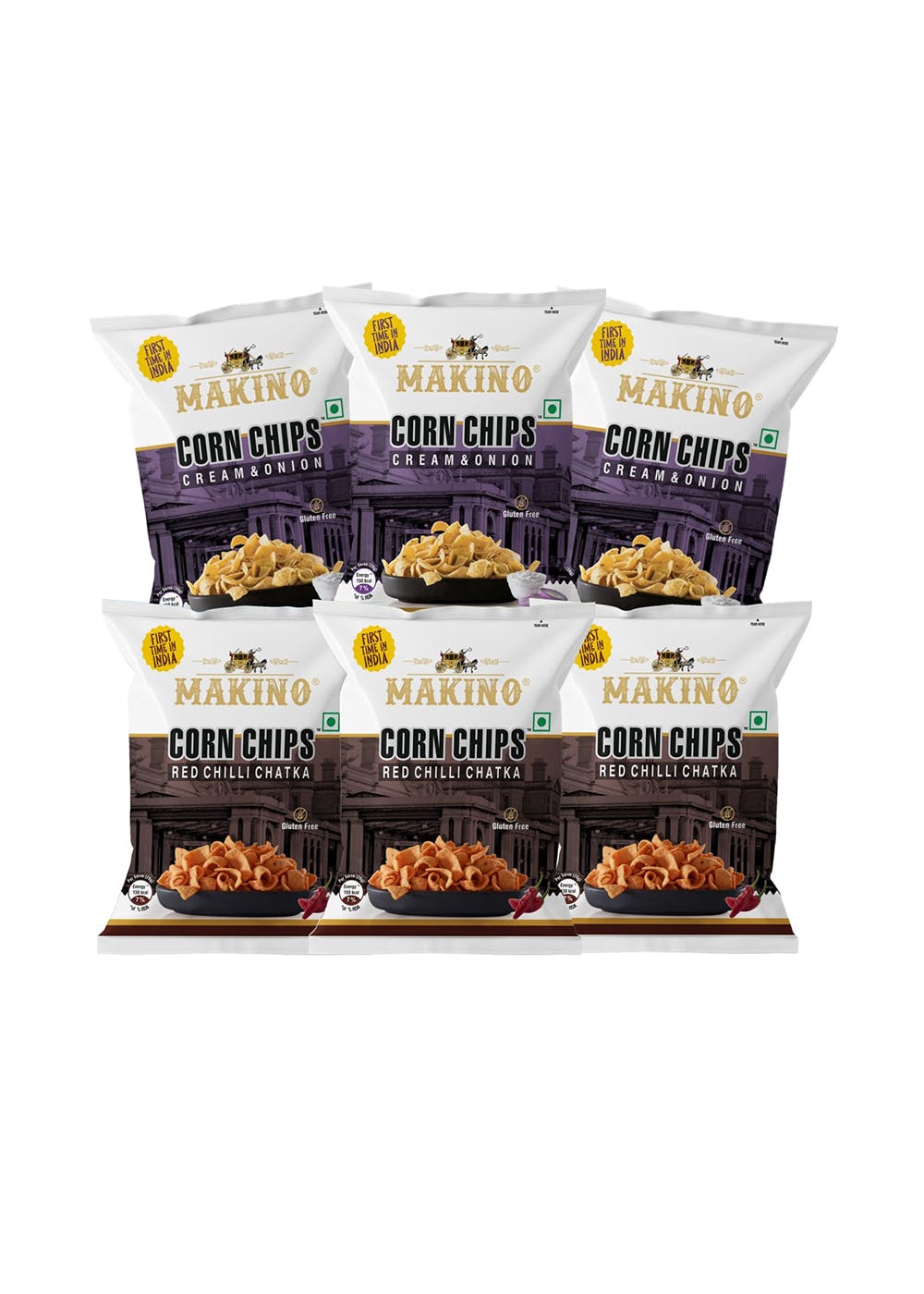 Corn Chips Cream & Onion, Red Chilli Chatka - Pack of 6 - 60gms each
