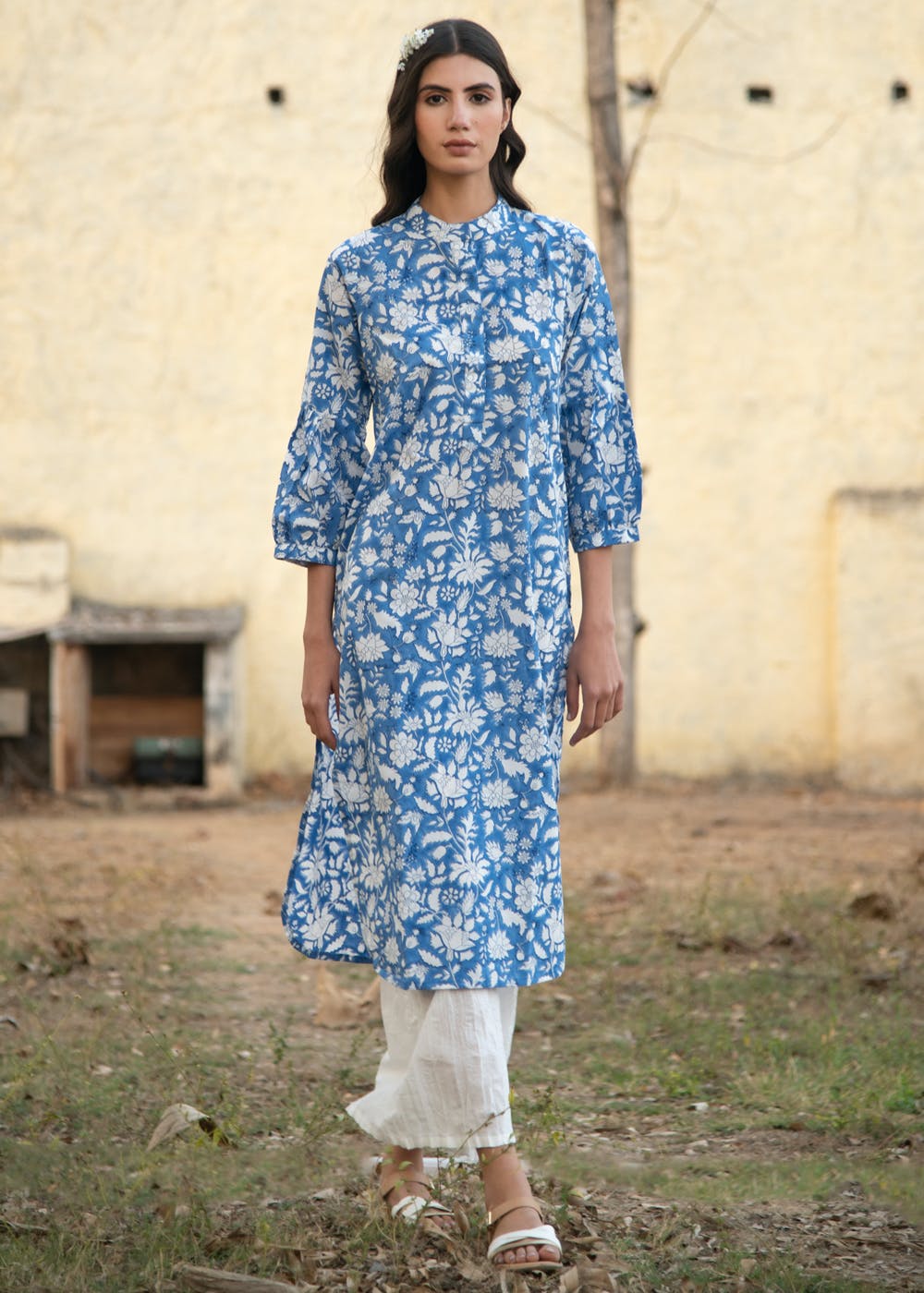 Women Burgundy And White Three-Quarter Sleeves Block Printed Straight Kurta With Palazzo And Pockets
