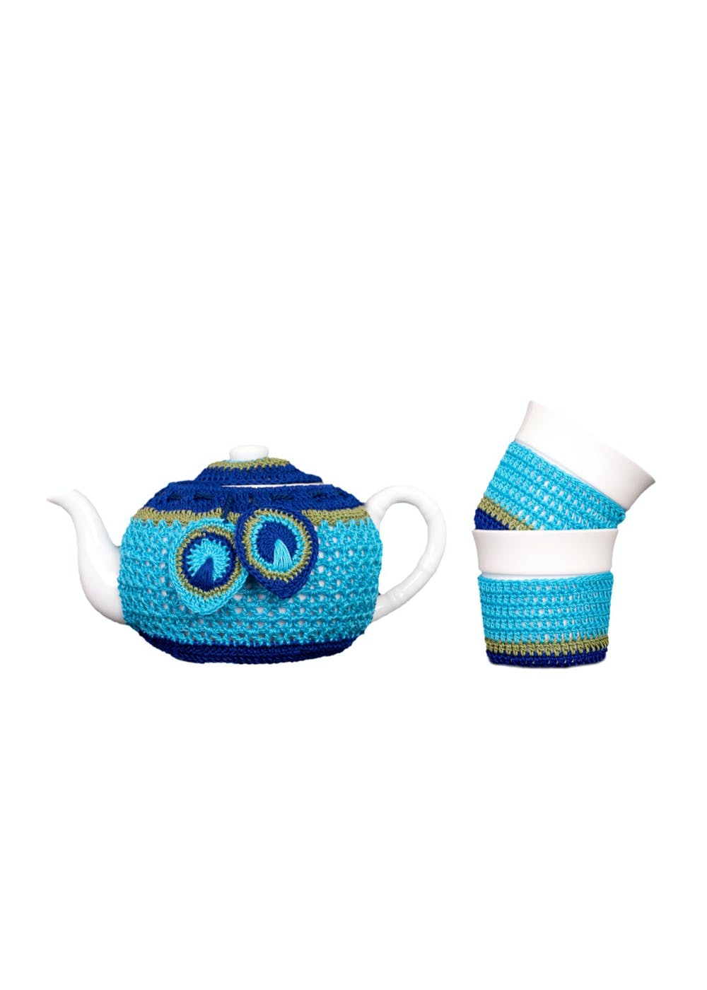 Handmade Peacock Blue Crochet Tea Cozy Set