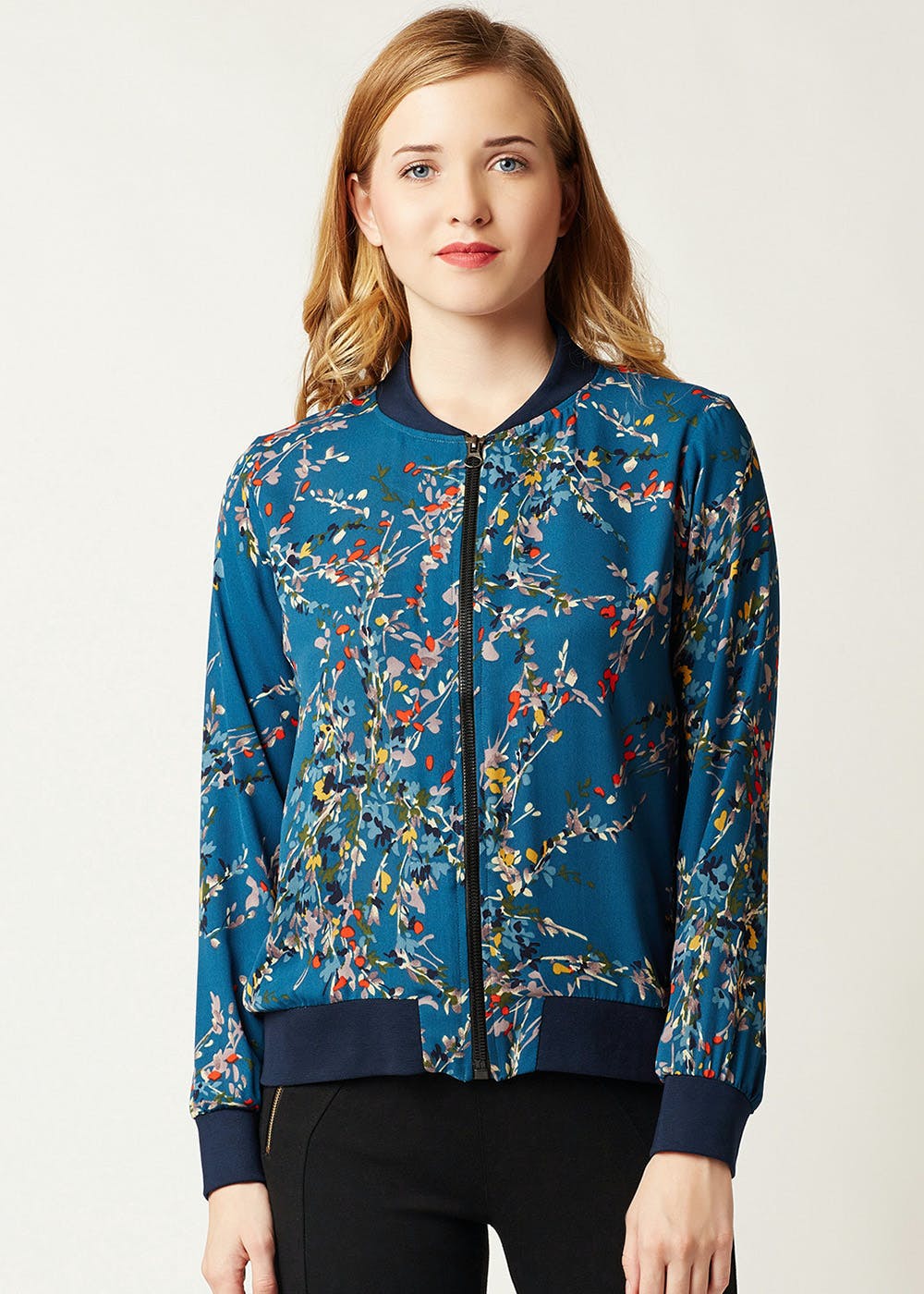 navy blue floral bomber jacket