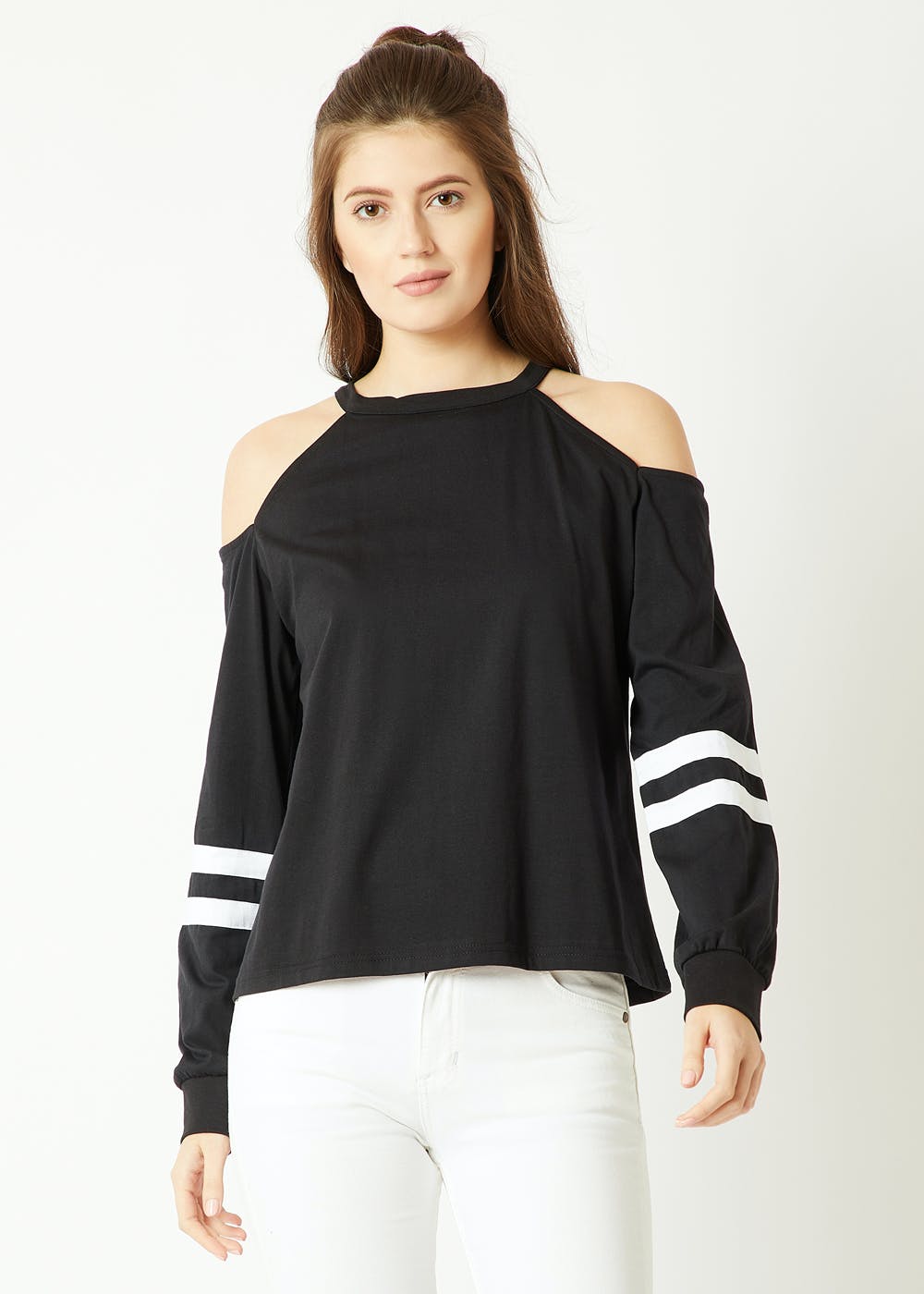 Cold Shoulder Detail Black Striped Panel Sleeve Sweatshirt