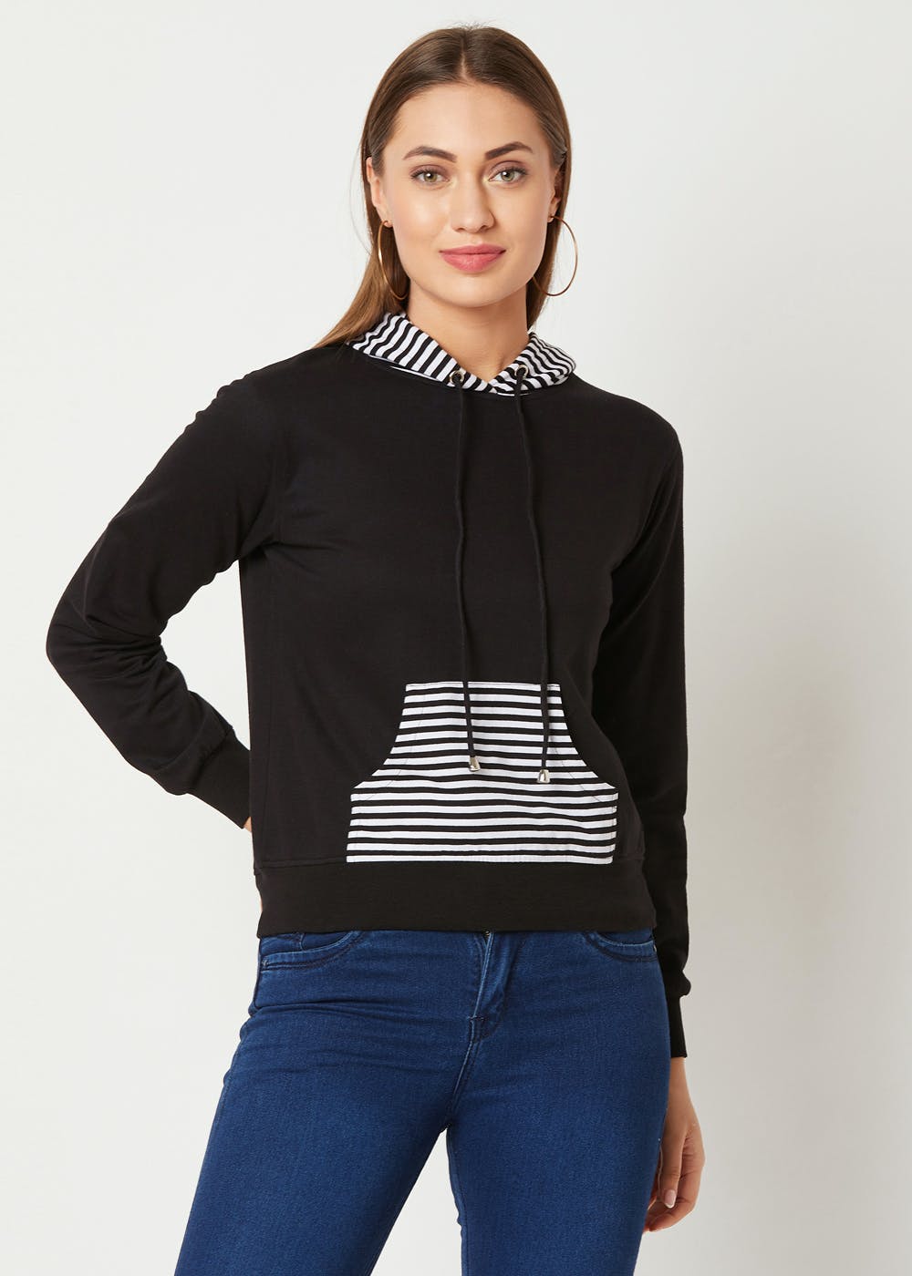 Striped Hoodie & Pocket Detail Black Sweatshirt