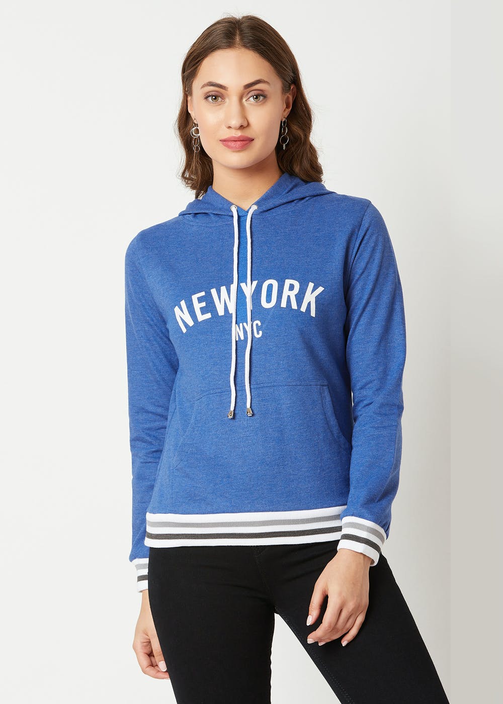 Striped Hem & Graphic Blue Hooded Sweatshirt