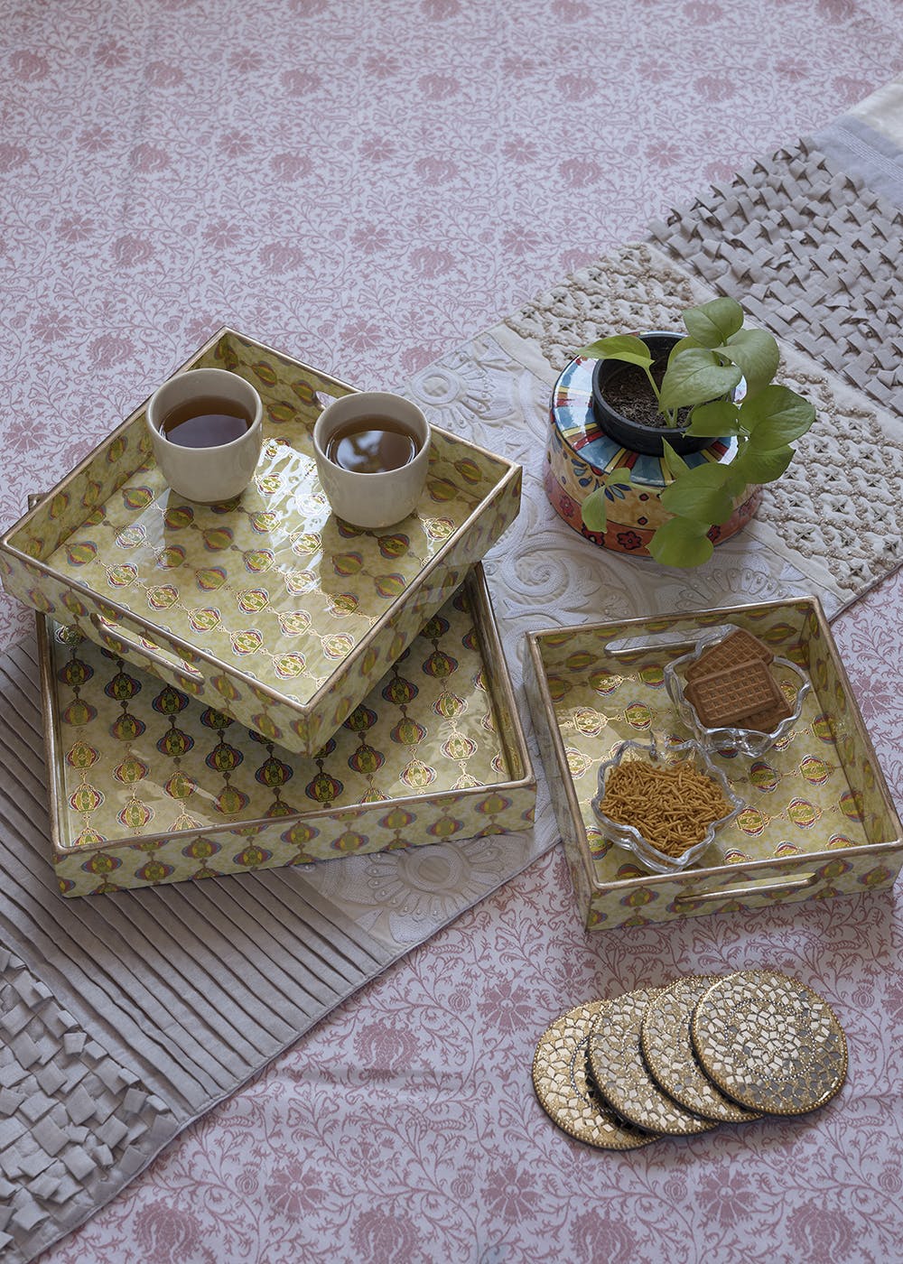 Yellow & Gold Square Handcrafted Trays-Set Of 3