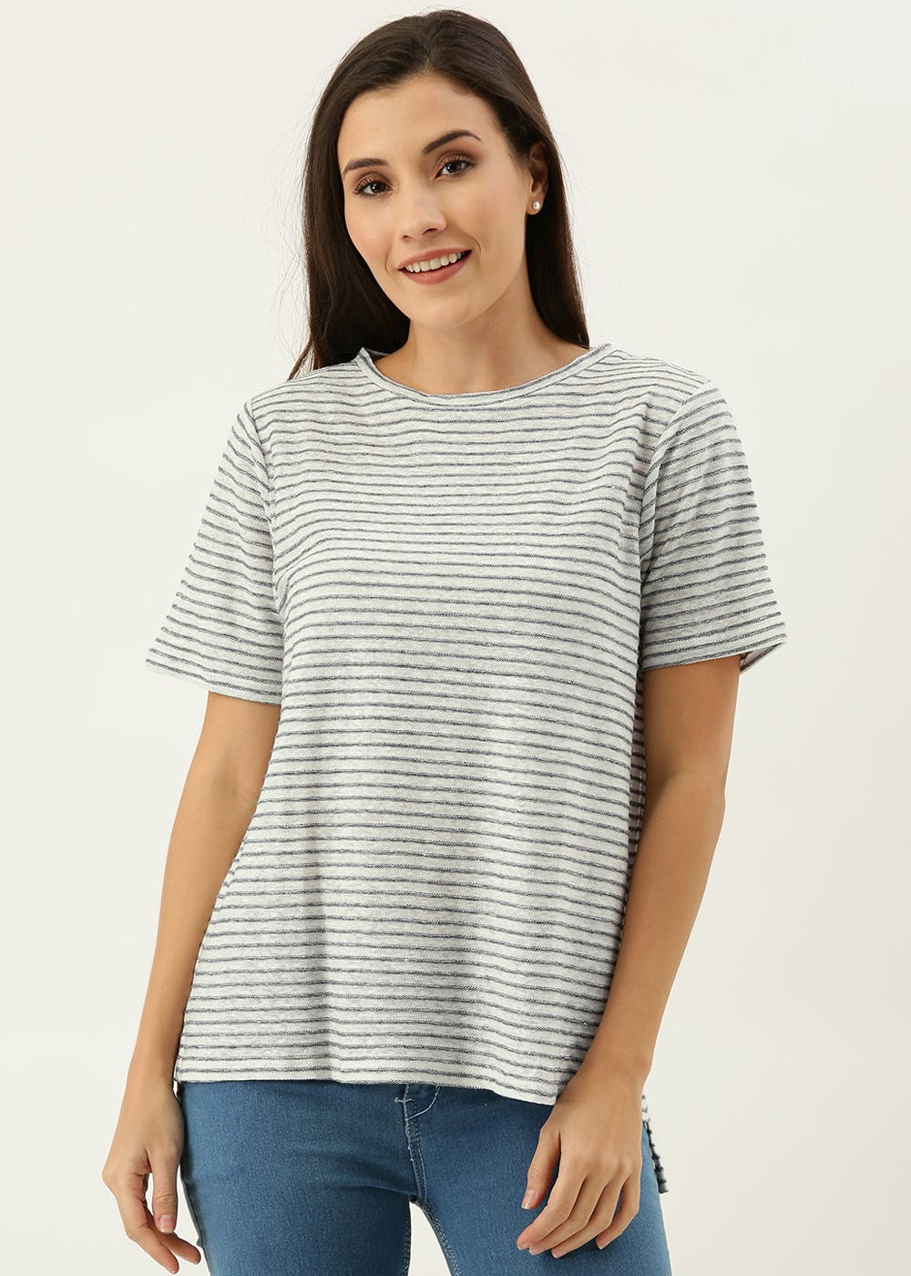 Grey Yard Dyed Stripes  Linen T-Shirt