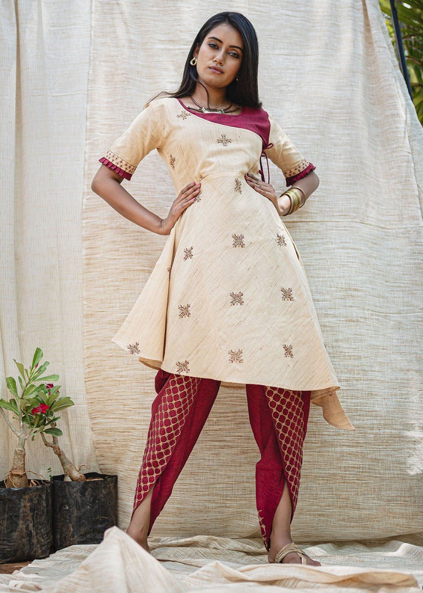 Khadi Frill Sleeves Asymmetric Beige Tunic & Bottom Set