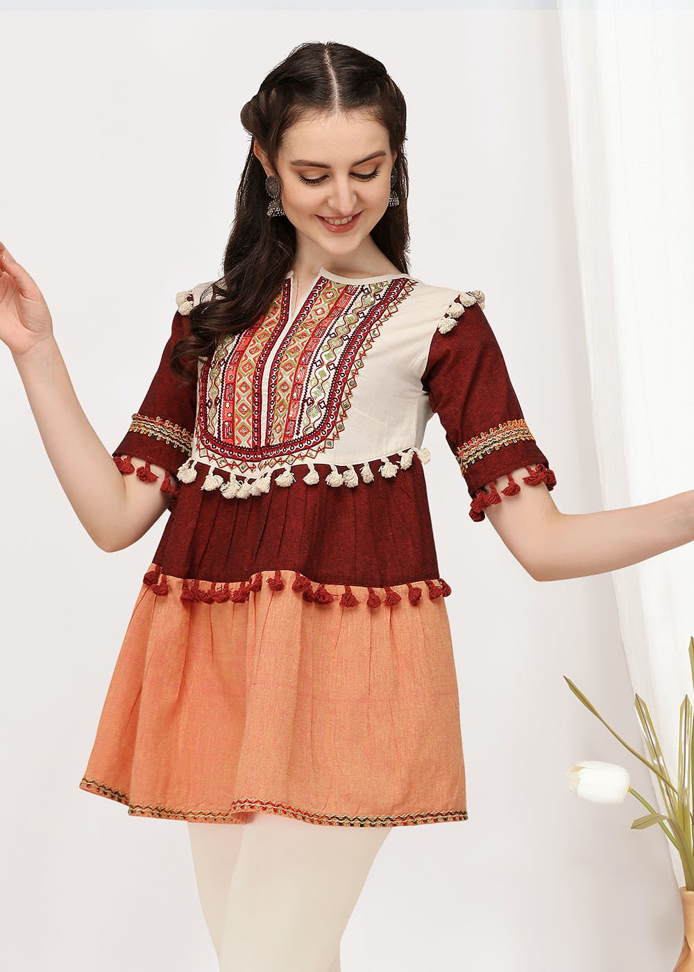 Cute Off-White And Peach Embroidered Long Kedia Top