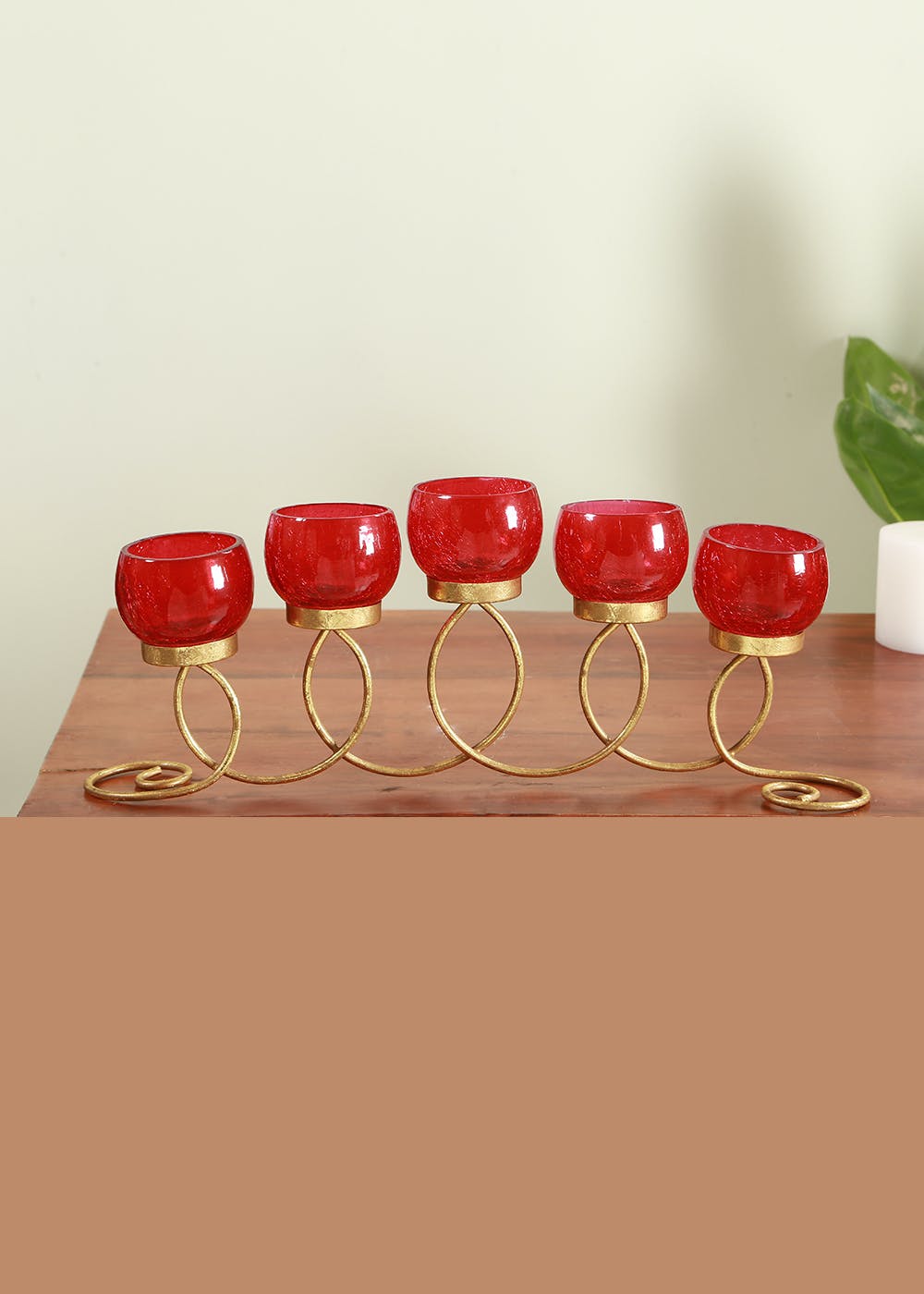 Get 5 Pot Red Crackled Glass and Gold Metal Candle Holder 17.5 inch long at ₹ 2274 LBB Shop