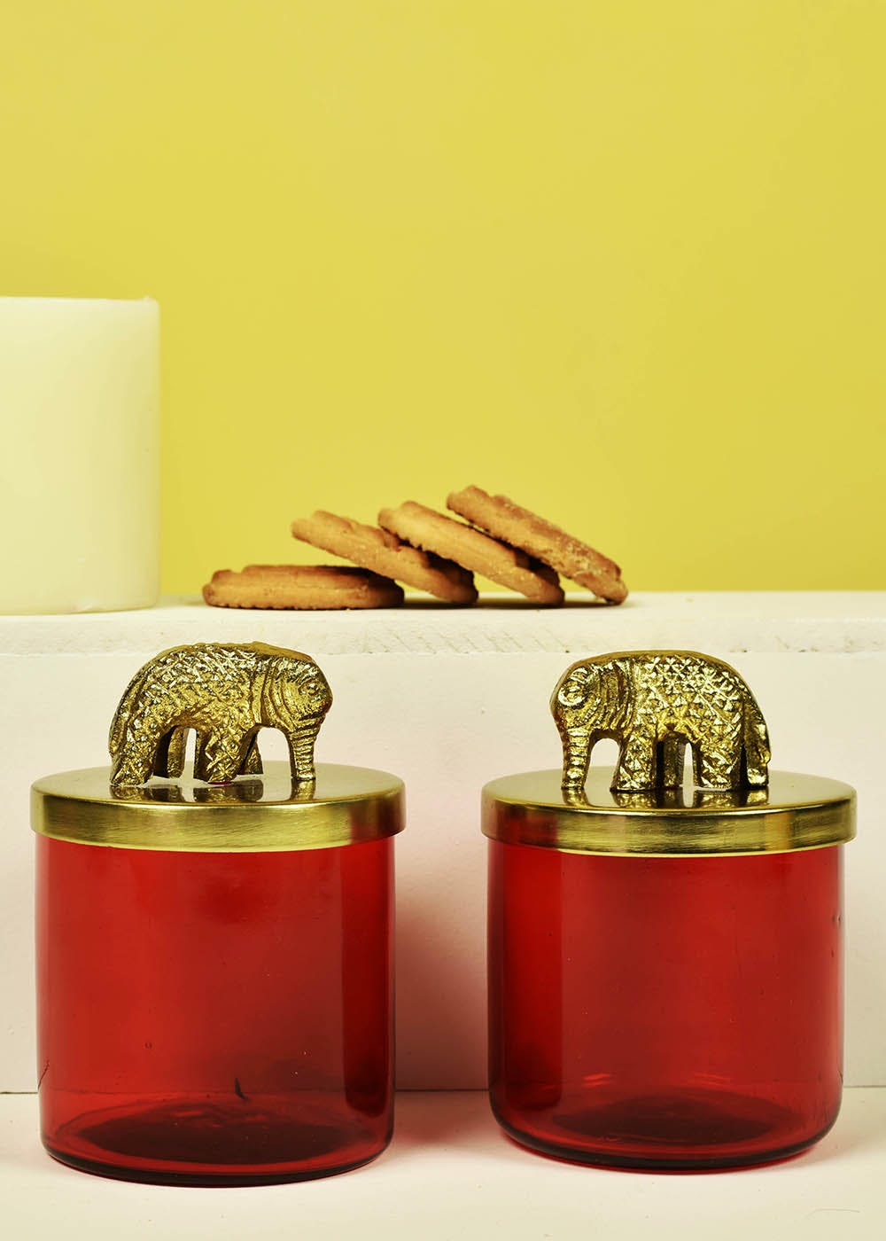 Get Red Glass Jars Set Of 2 With Metal Elephant Lid 5.5 Inches Tall at ...