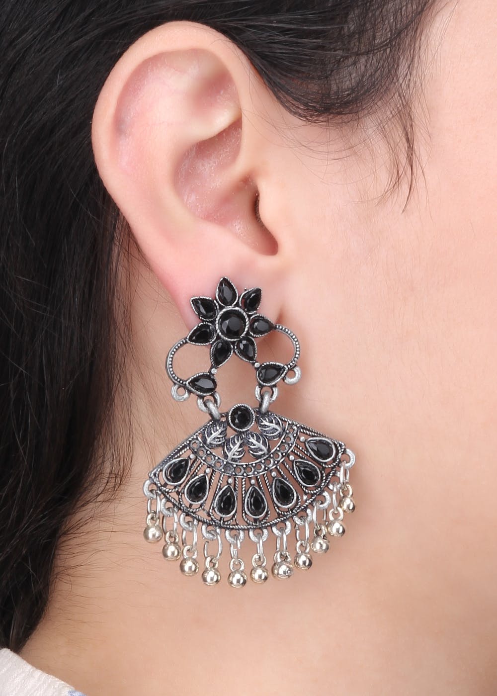 Stone Embellished Floral Drop Earrings - Black