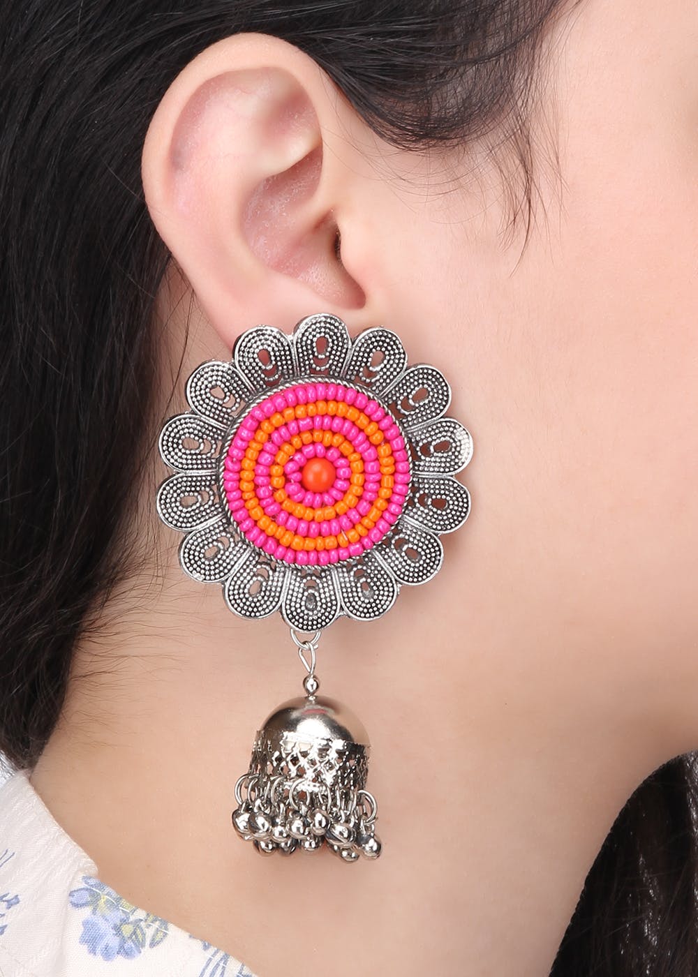 Two-Tone Beaded Floral Jhumkas