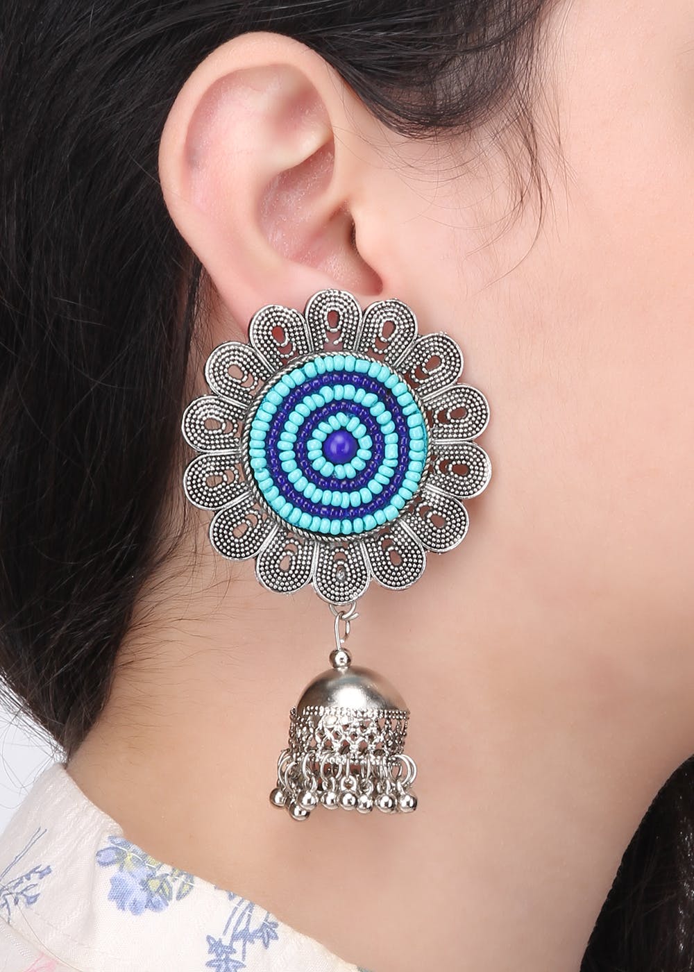 Blue Hue Beaded Floral Jhumkas