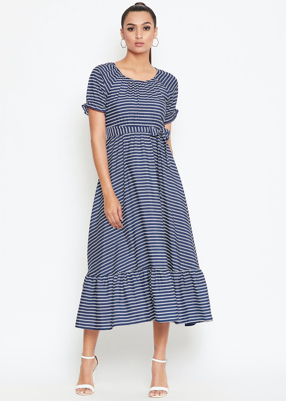 Waist Tie Detail Blue & White Striped A-Line Dress