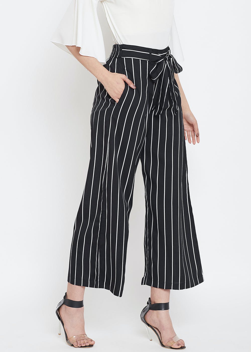 Buy INFISPACE Women High waisted Blue Striped Palazzo Trouser Pants for  FormalCasual wear with Pockets Free size Upto 34 inches at Amazonin