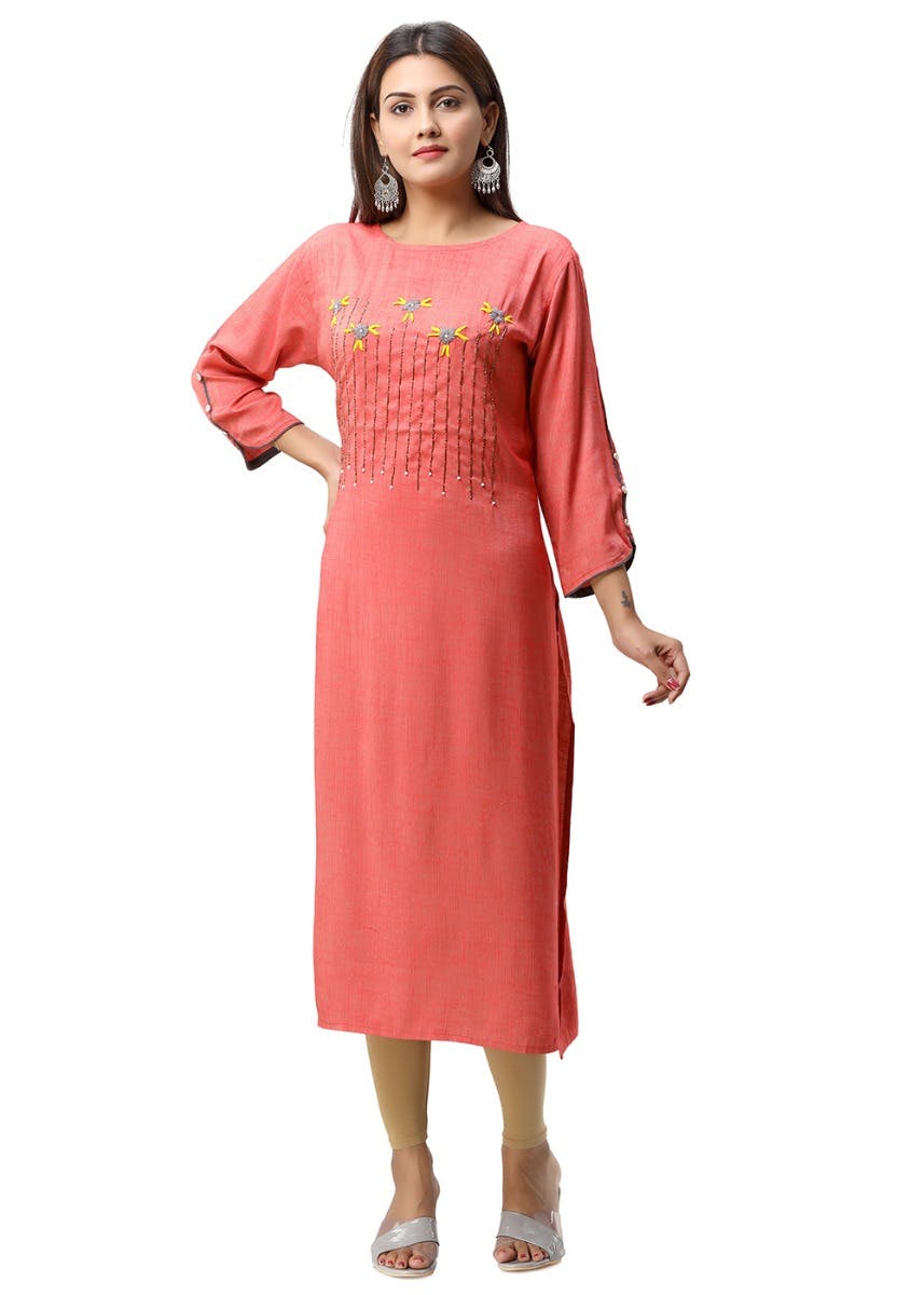 Get Handcrafted Embroidered Straight Pink Kurta at ₹ 899 LBB Shop