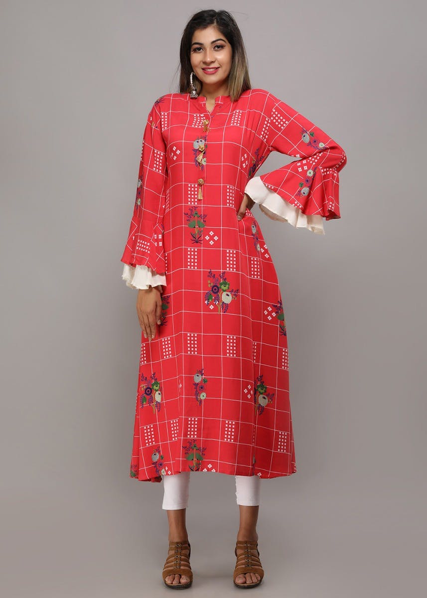 Get Printed Double Bell Sleeves Pink Kurta at 779 LBB Shop