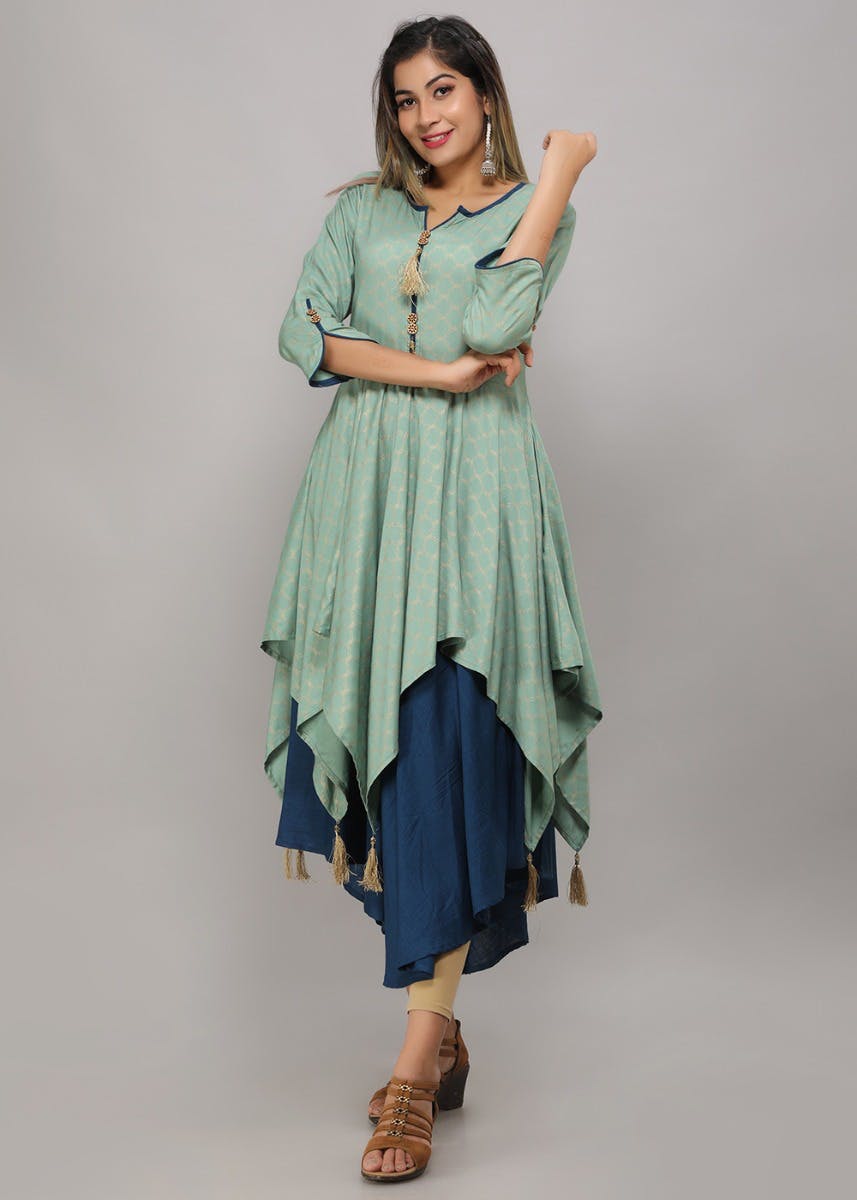 Get Tassel Detail Contrast Double Layered Asymmetrical Kurta at ₹ 999 | LBB  Shop
