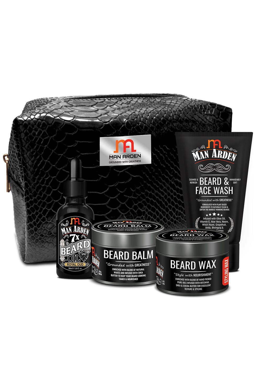 The Dapper Dude Combo | Beard Oil Royal Oud 30ml + Beard Balm 50g + Beard Wax 50g + Beard & Face Wash 100ml With Pouch
