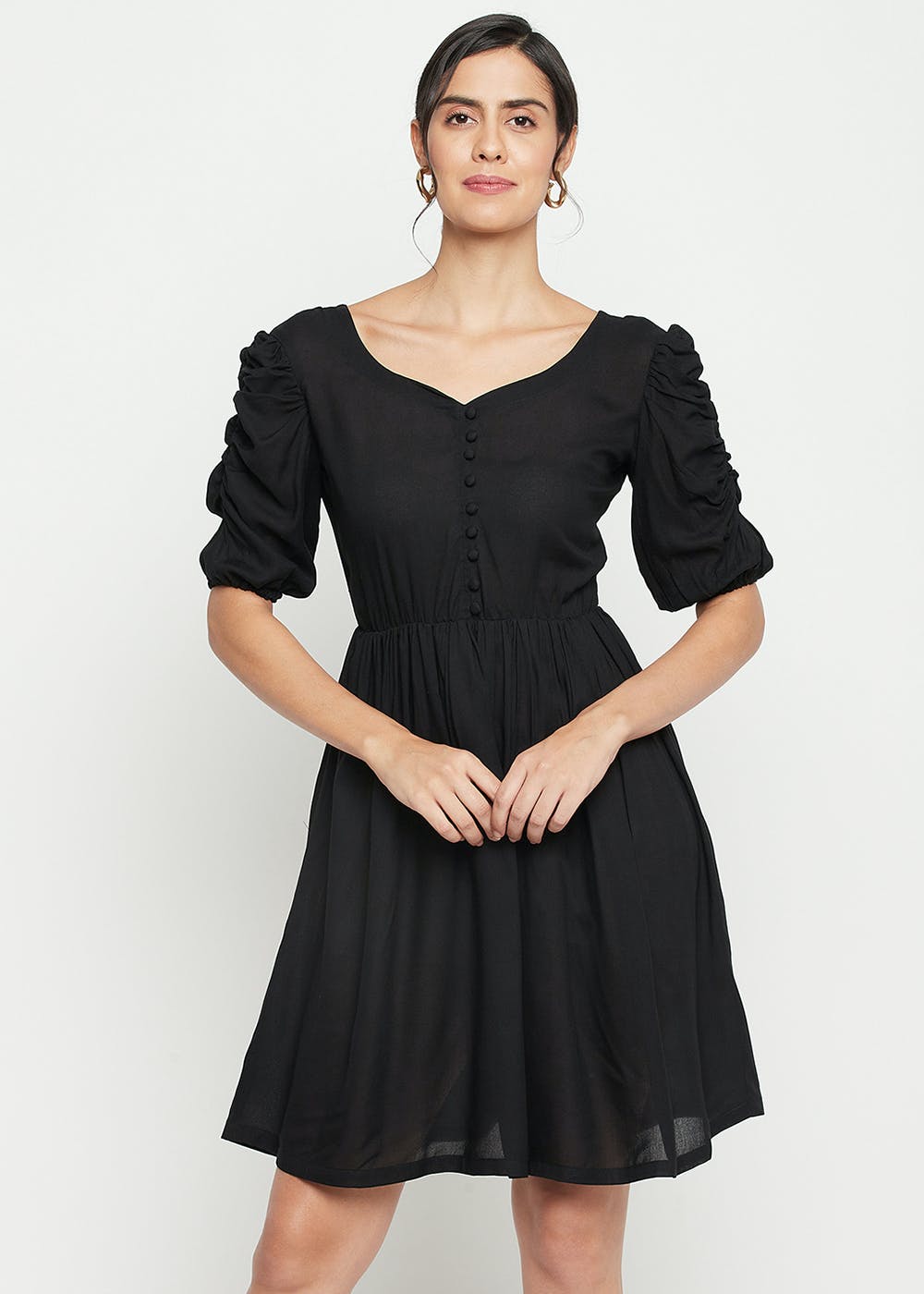 Get Solid Black Gathered Dress With Puff Sleeves at ₹ 1080 LBB Shop
