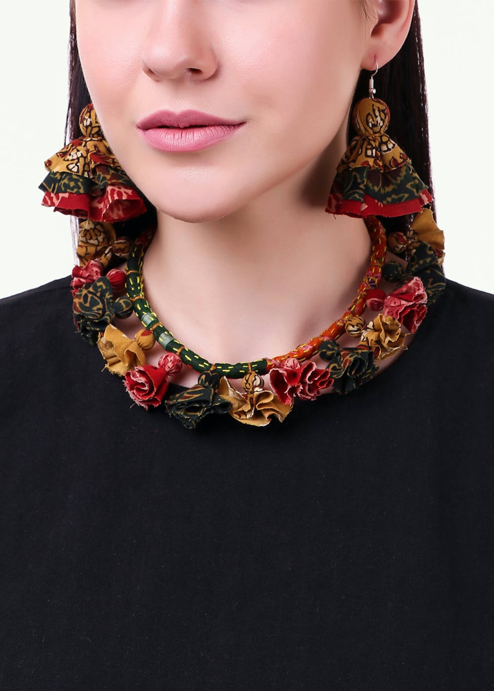 Ajrakh Frilled Tassel Choker Set