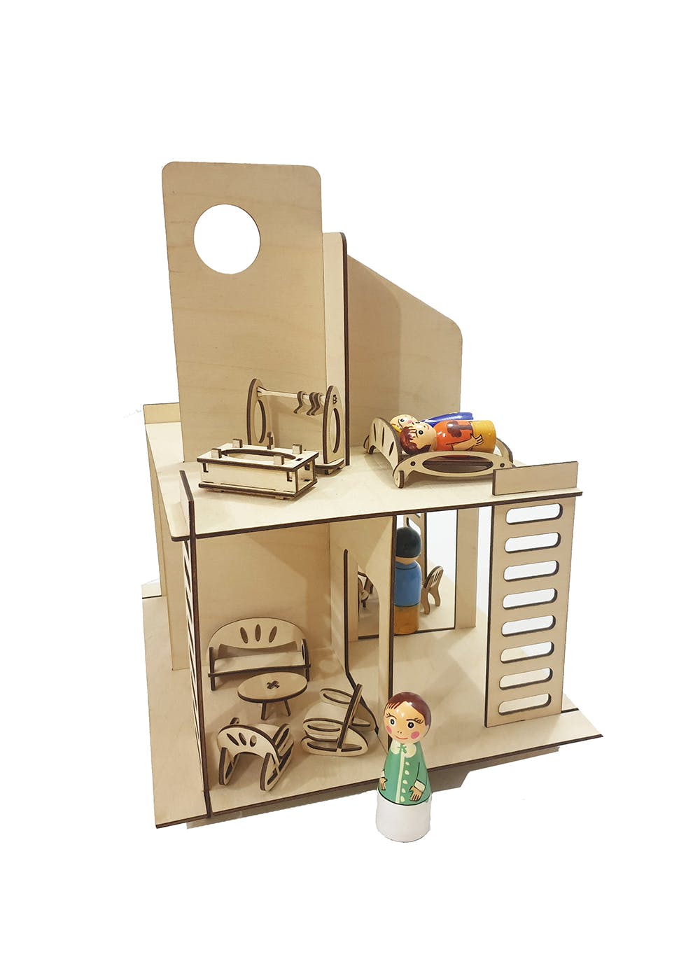 Modern Doll House with peg dolls and furniture