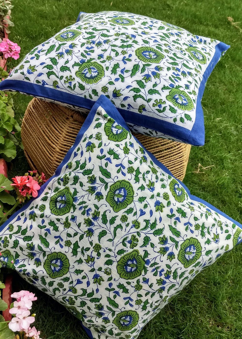 Get Blue Trim Detail Green Floral Cushion Covers 16 X16 at ₹ 270 LBB Shop