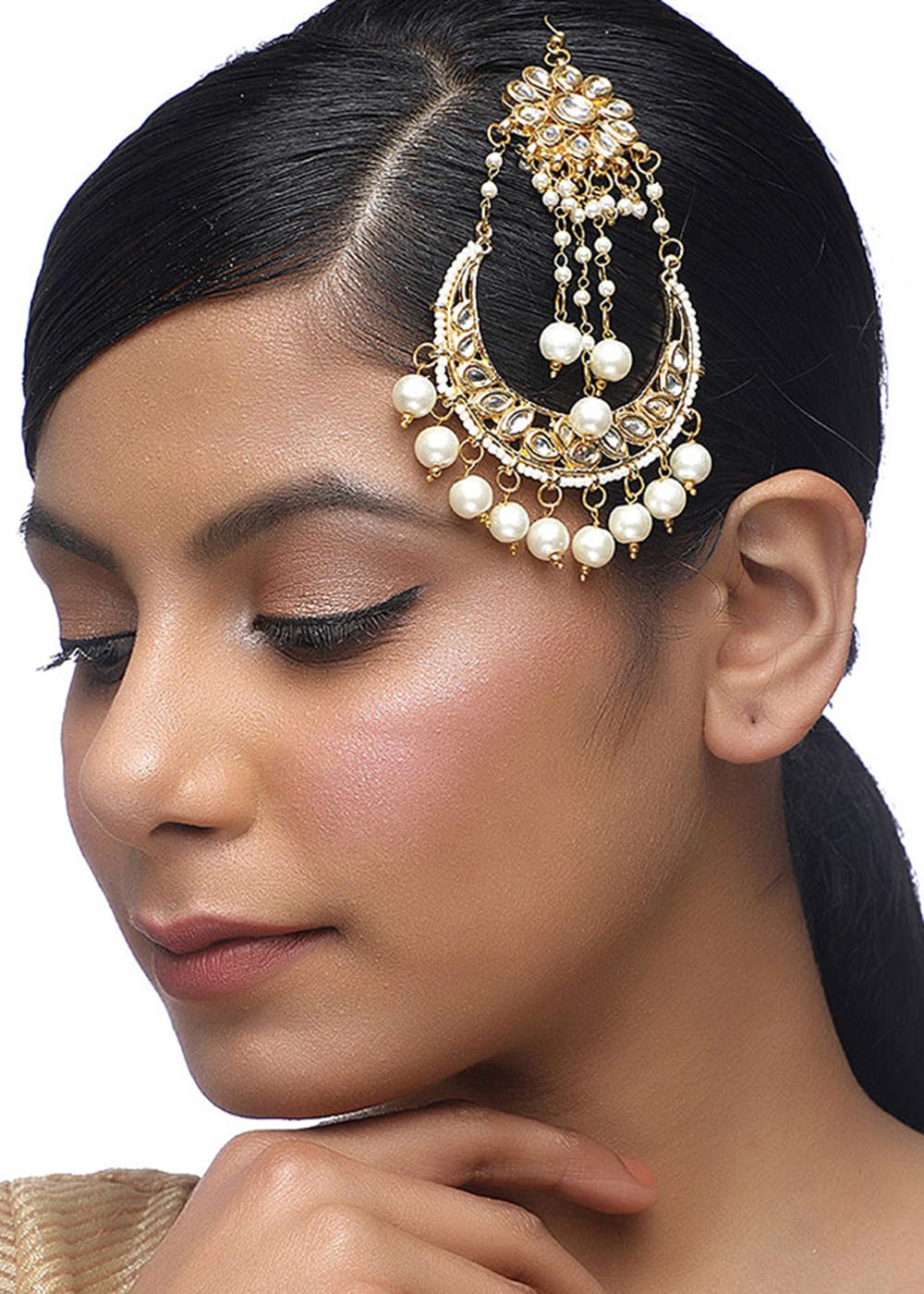 Buy Gold Plated Kundan Jhumka Earrings With Hair Chain  Kundan Online in  India  Etsy
