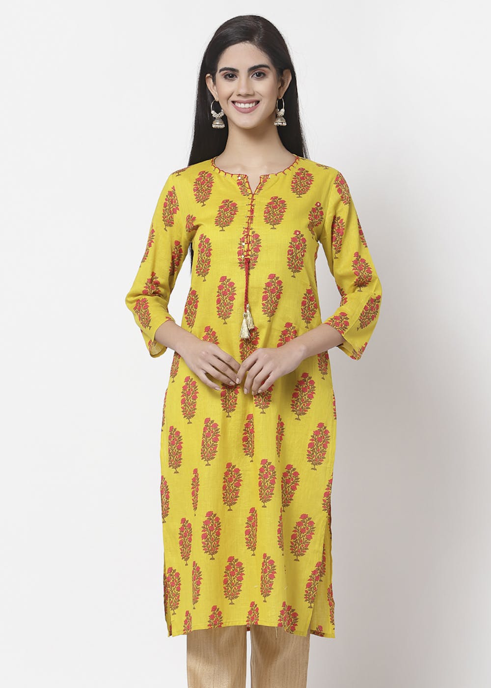 Get Yellow Pure Cotton Floral Printed Round Neck Kurta at ₹ 706 | LBB Shop