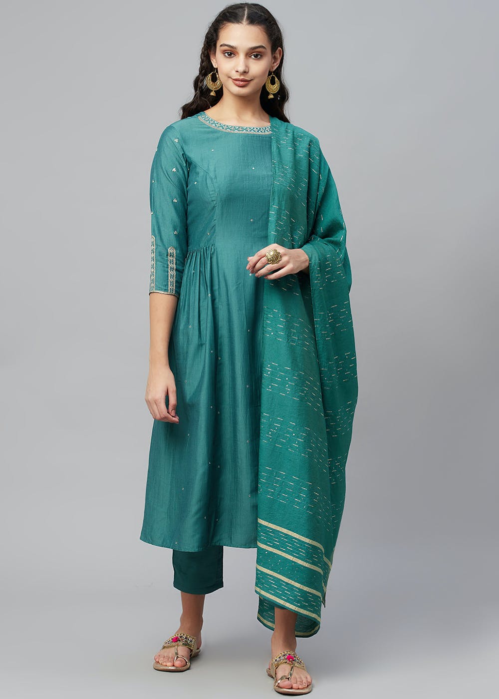 Get Dark Green Embroidered Round Neck Kurta, Pant, And Dupatta Set at ...