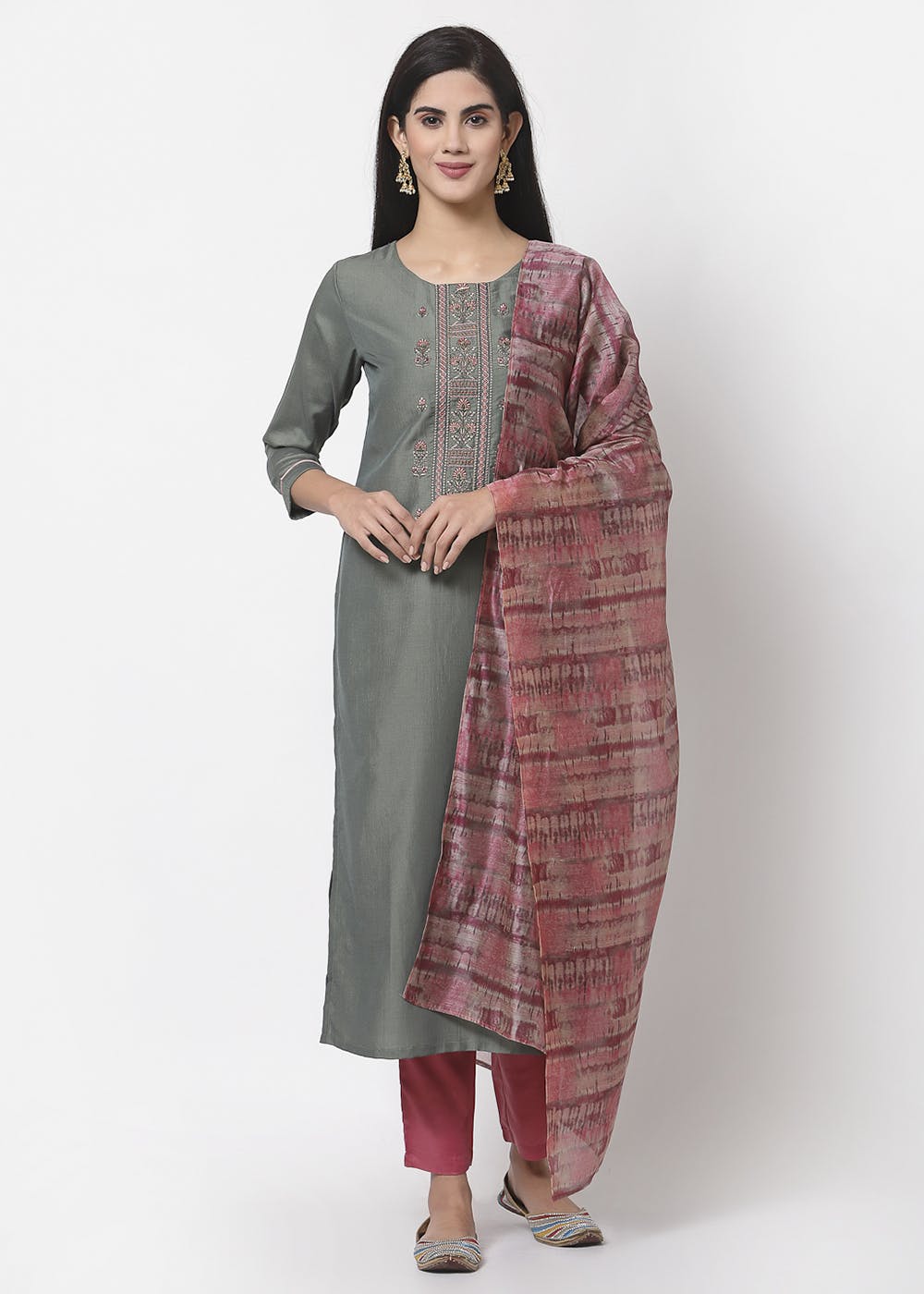 Grey Embellished Kurta, Pants & Dupatta