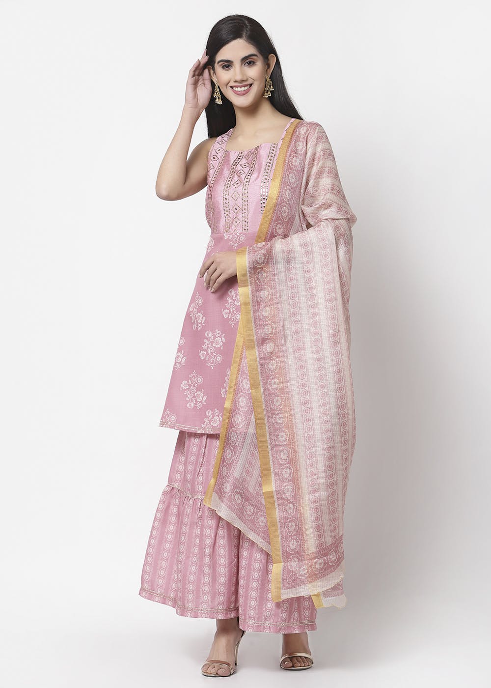 Women Printed Shoulder Straps Top With Sharara & Dupatta Co-ord Set