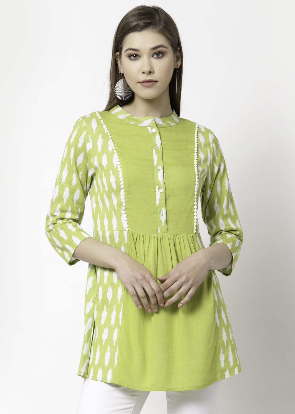 Bimba Women's Green Rayon Kurti - Round Neck Long Tunic Blouse (46" Length)