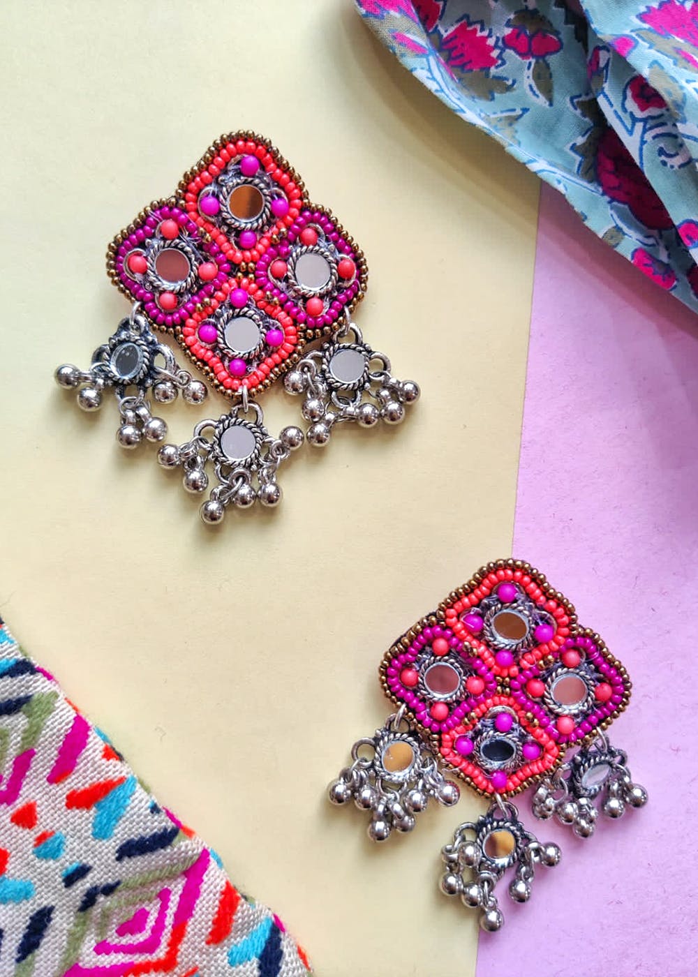 PinkRedYellow Beads Beaded Earring Size Medium