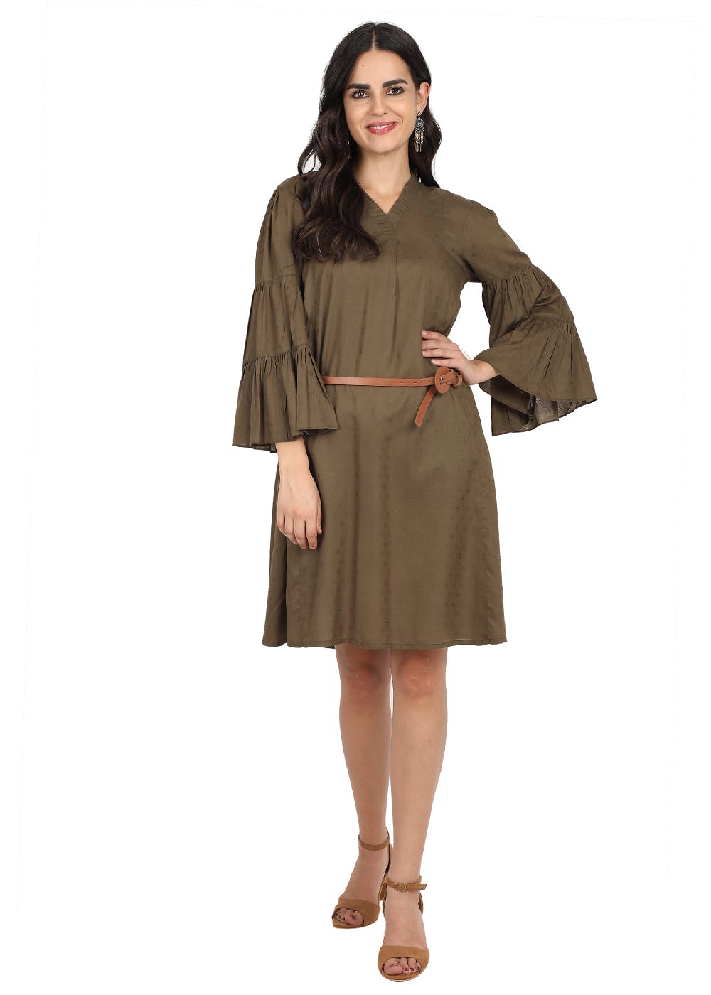 Layered Bell Sleeve Detail Olive Green Dress