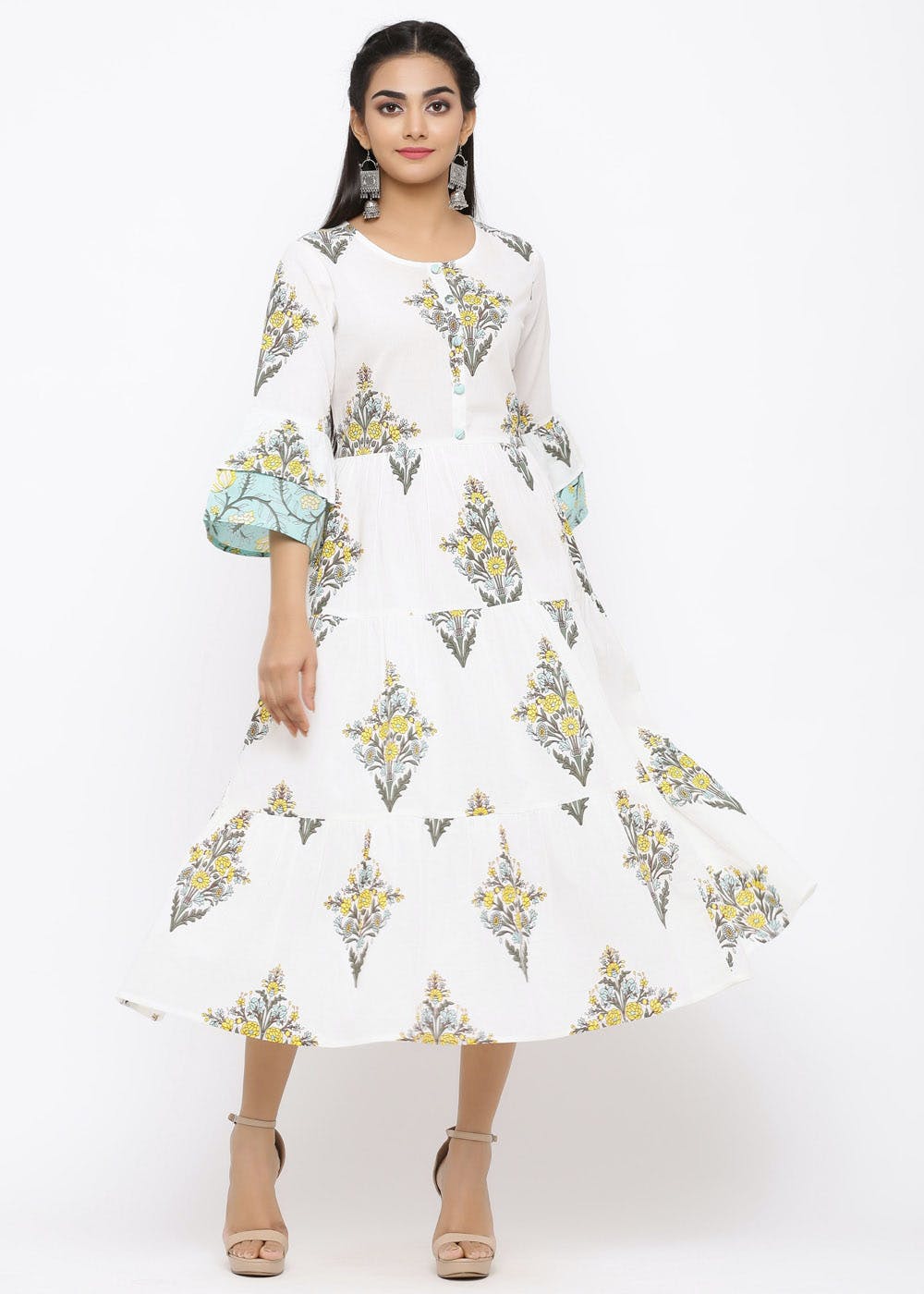 White Printed Tiered Dress