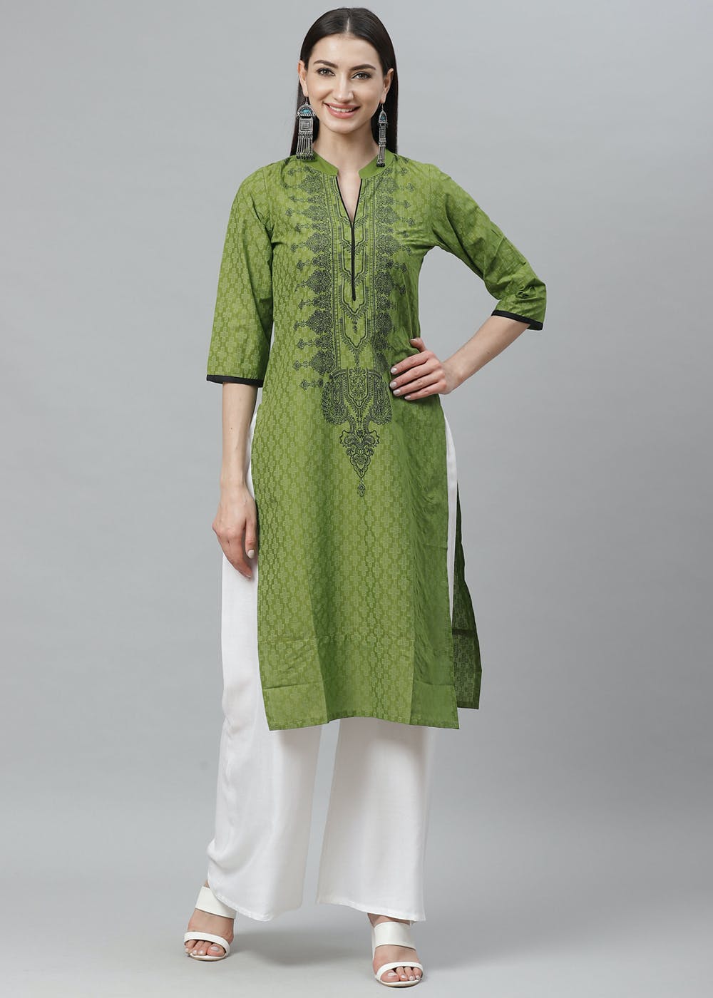 Green Dobby Printed Ethnic kurta